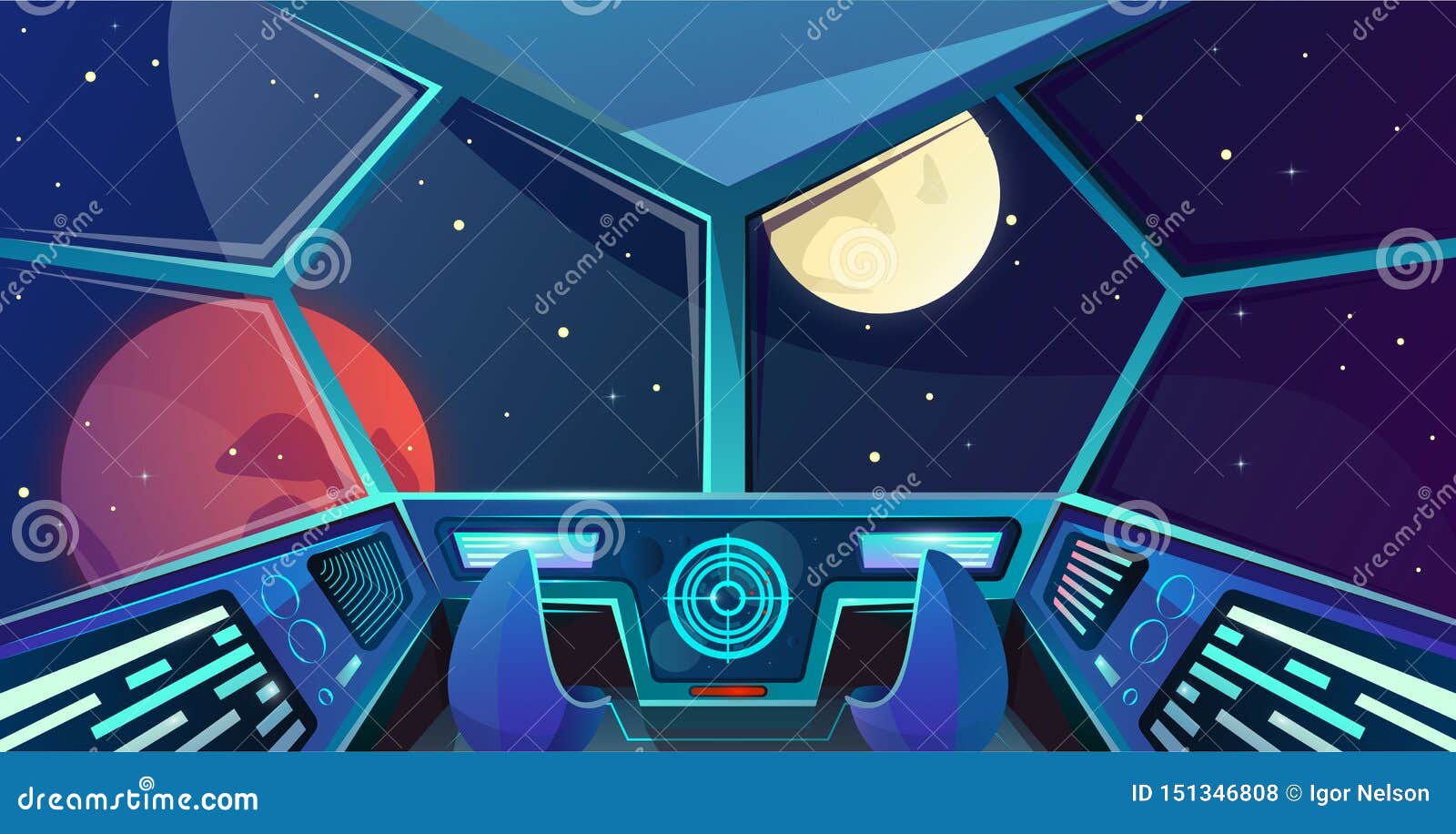 Spaceship Interior Of Captains Bridge With Chair In Cartoon