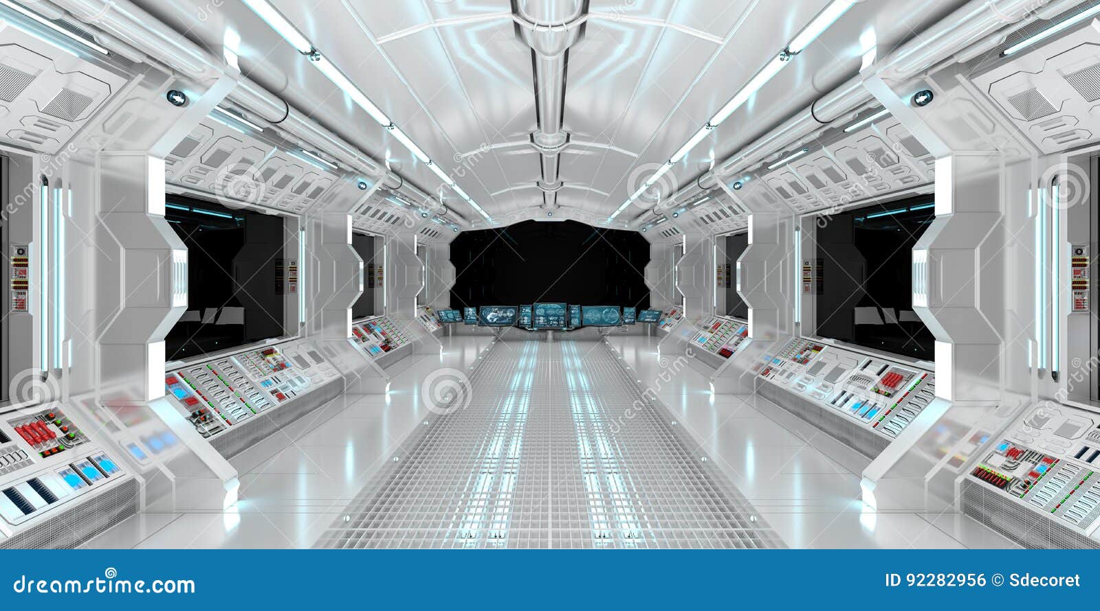 Spaceship Interior With View On Black Window 3D Rendering Stock