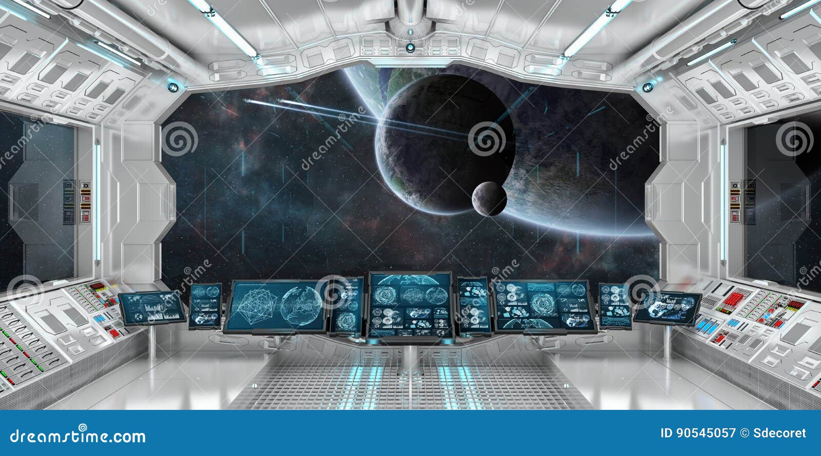Spaceship Interior With View On Distant Planets System 3d