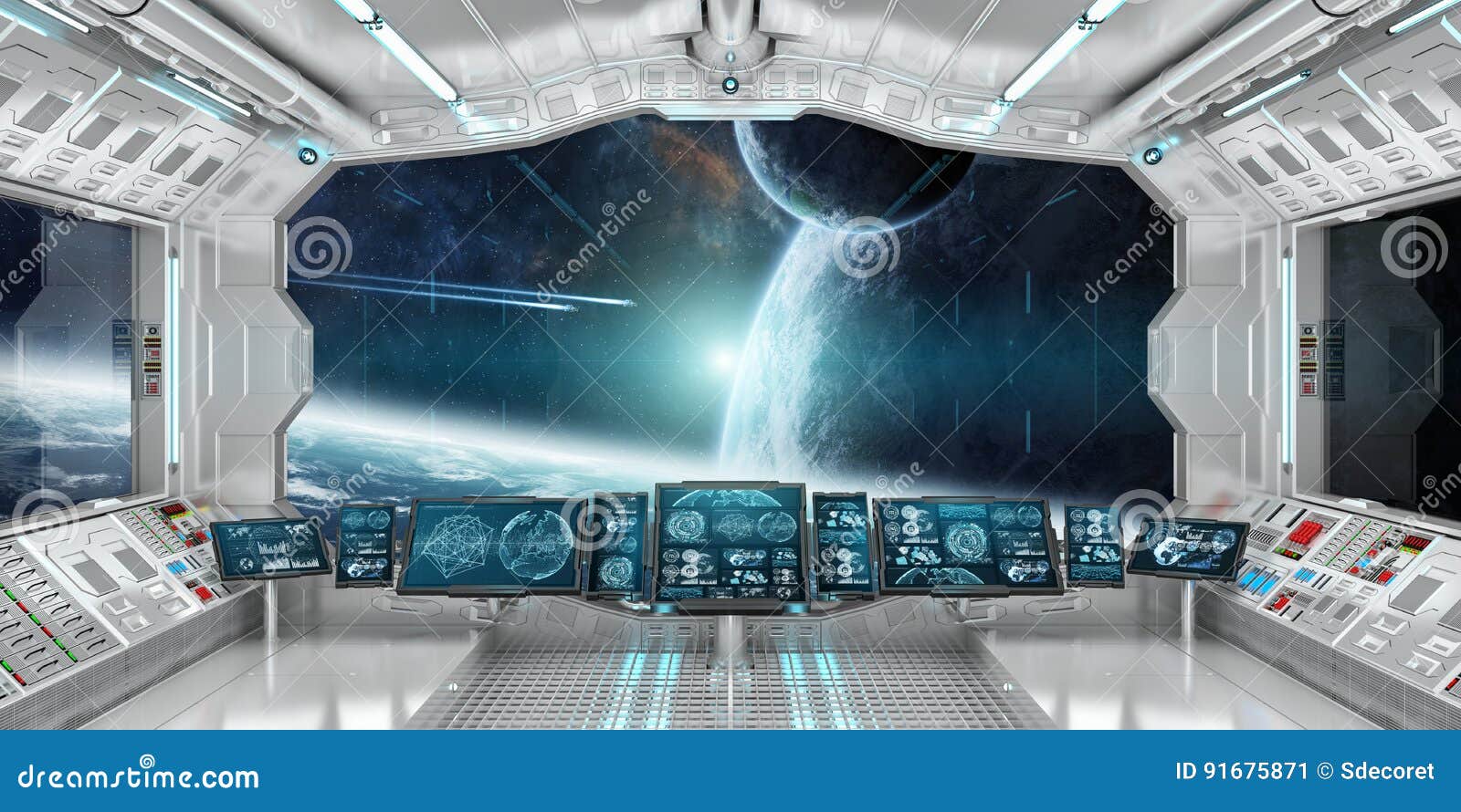 Spaceship Interior With View On Distant Planets System 3d