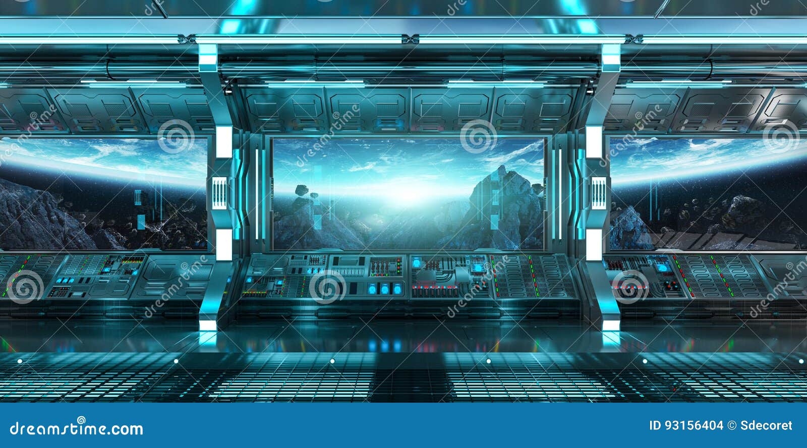 Spaceship Interior With View On The Planet Earth 3d