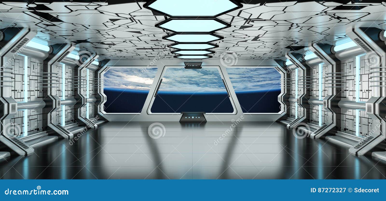 Spaceship Interior With View On The Planet Earth 3d