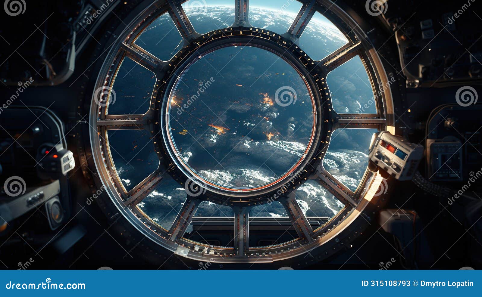 spaceship round window with sunrise over planet view, space station porthole illuminator with planetary sunset view