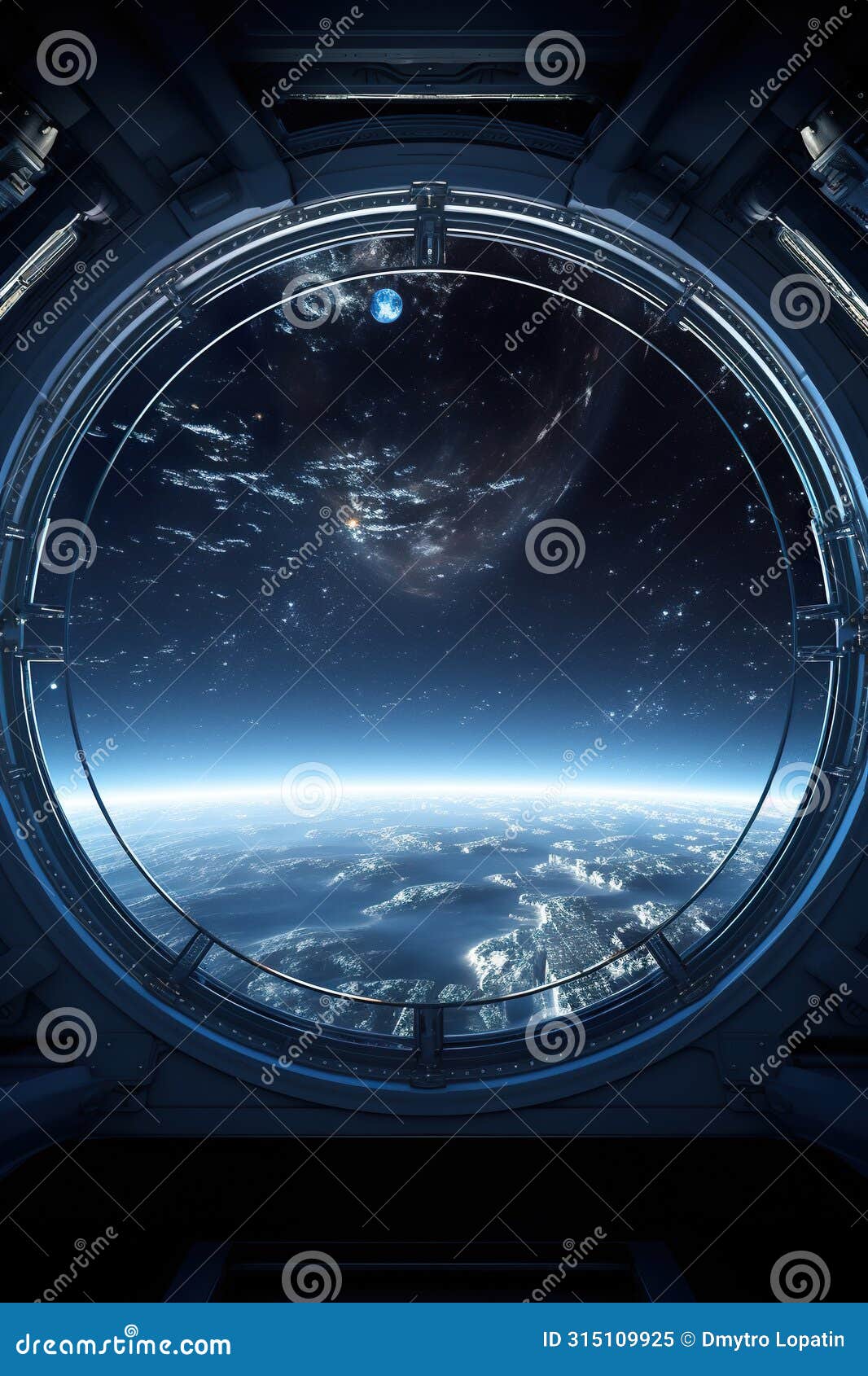 spaceship round window with sunrise over planet view, space station porthole illuminator with planetary sunset view