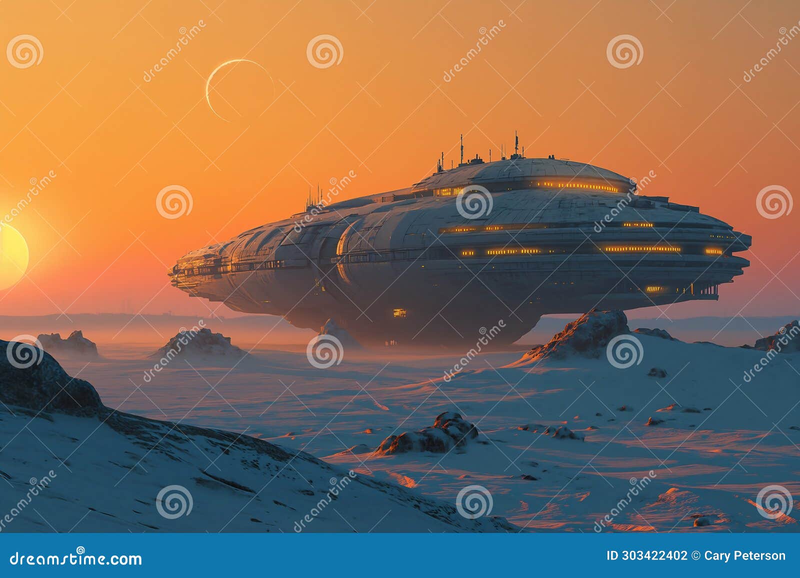 otherworldly odyssey: a surreal sunset over a snowy alien landsc
