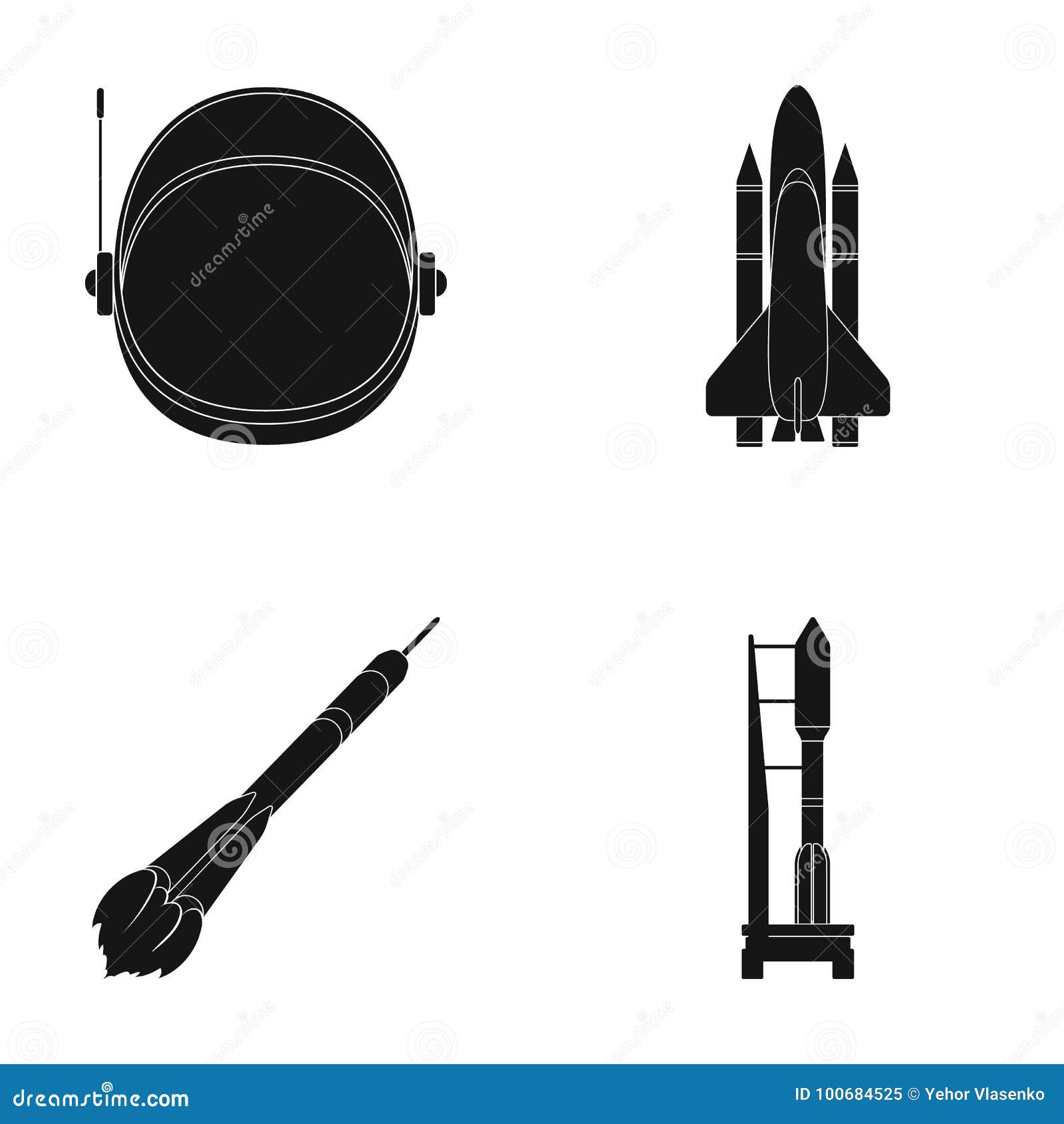 a spaceship in space, a cargo shuttle, a launch pad, an astronaut`s helmet. space technology set collection icons in