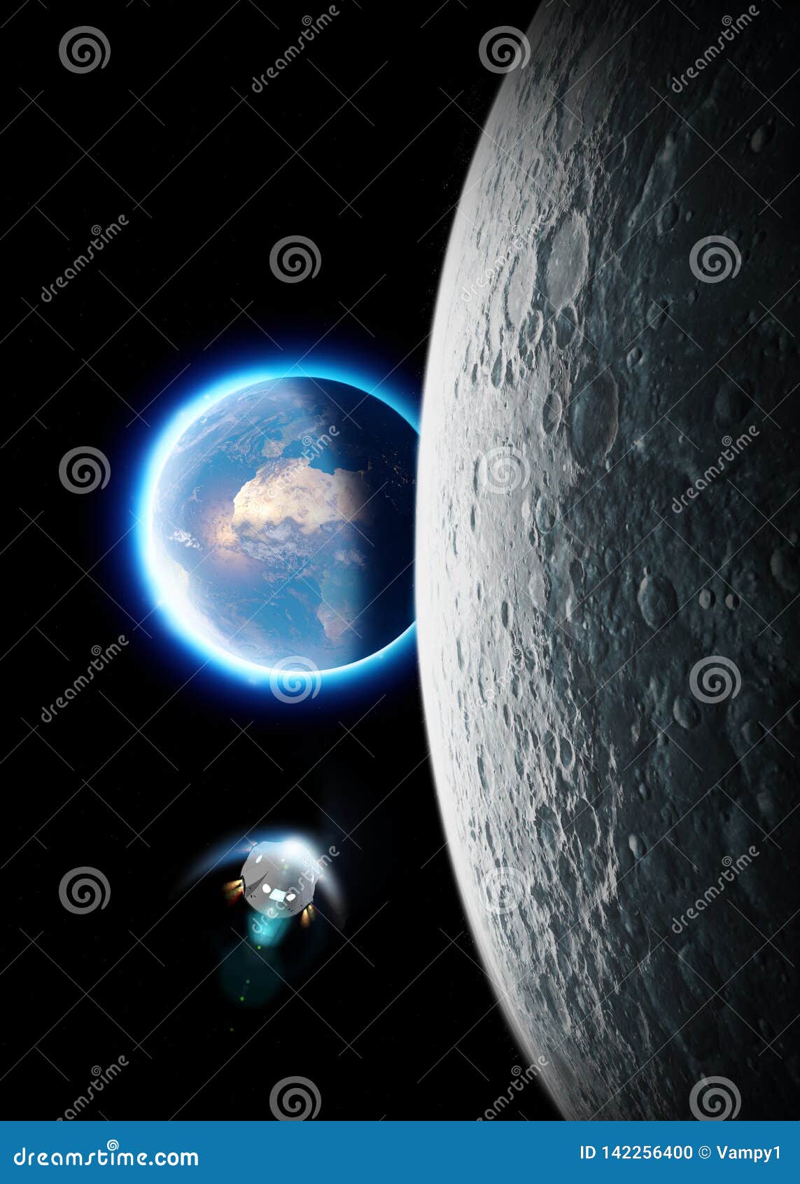 spaceship in space exploration towards the moon. the earth seen from the moon. 50th anniversary of the lunar landing