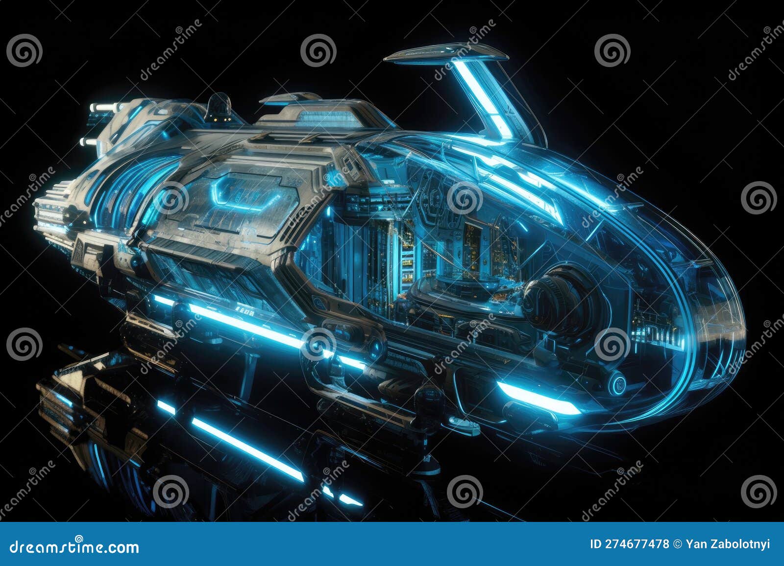 a spaceship with a transparent cockpit and glowing blue engines. generative ai