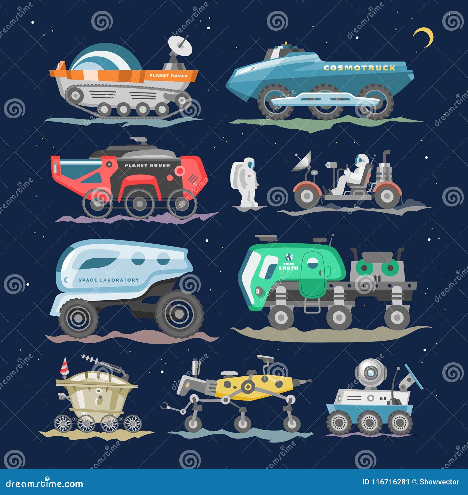 spaceship  lunar-rover or moon-rover and spacecraft with spaceman exploring moon  exploration set of