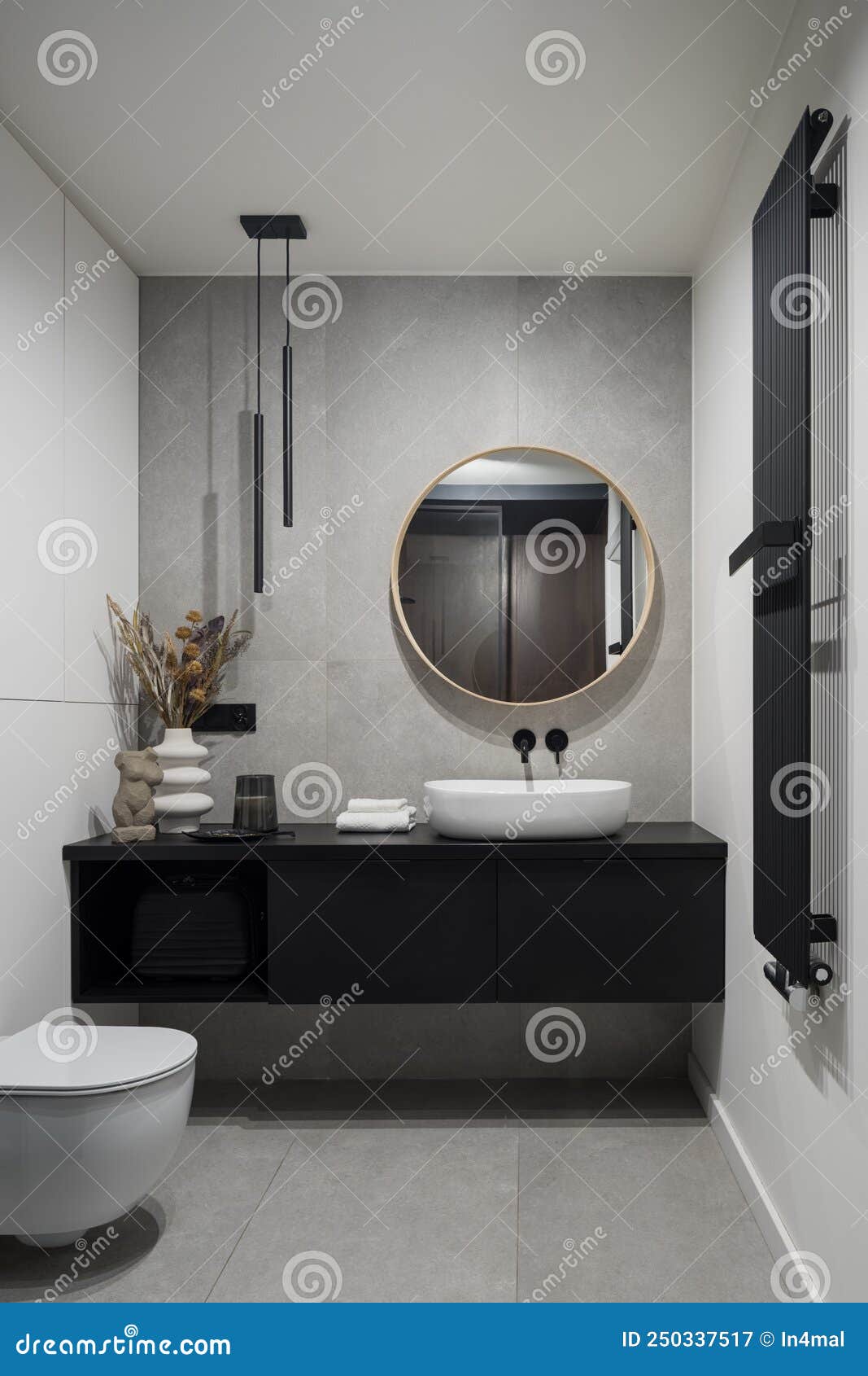 spacious bathroom with decorative concrete style tiles