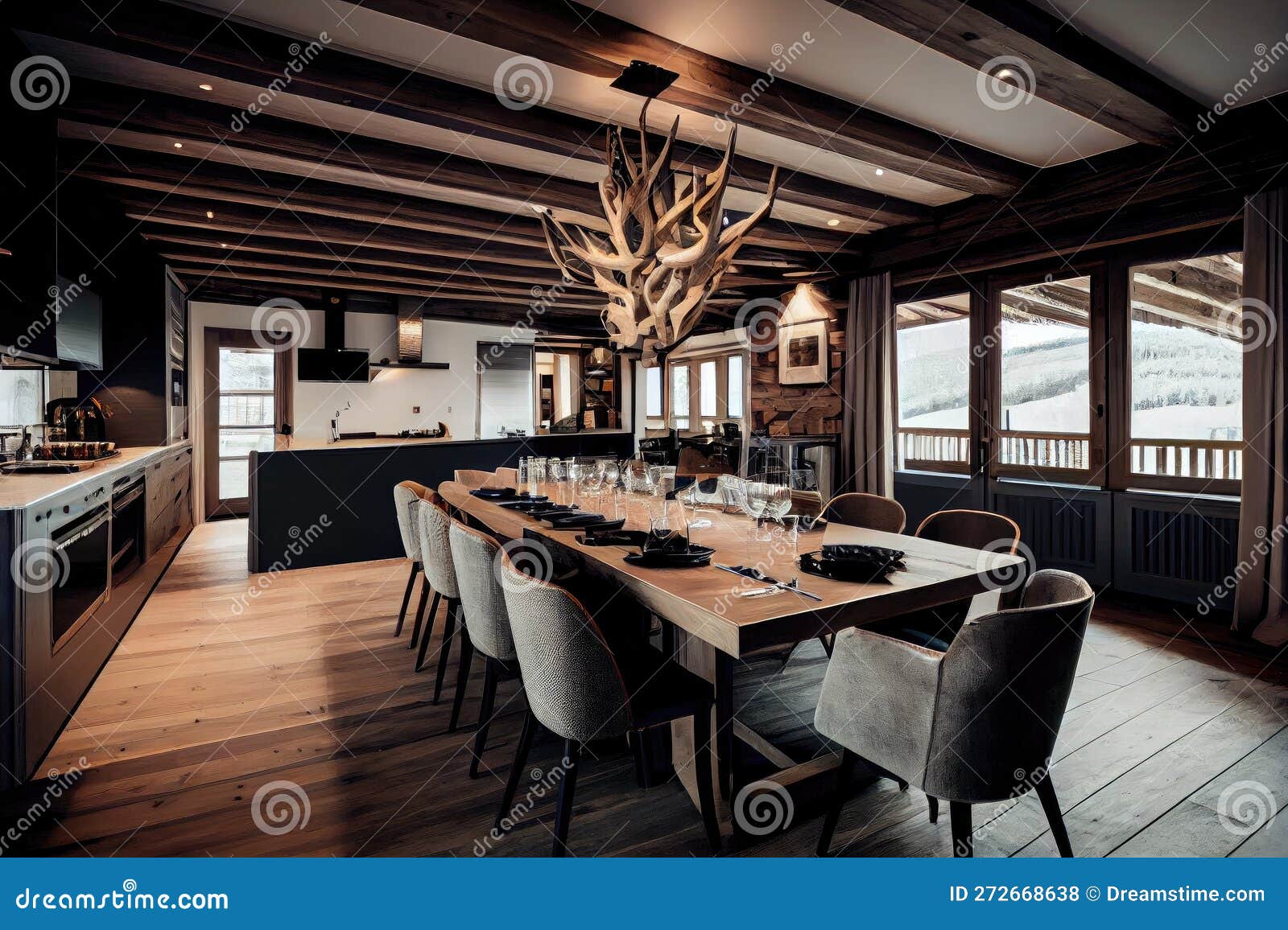 Spacious Dining Room with Bar and Big Dining Table on Chalet Stock