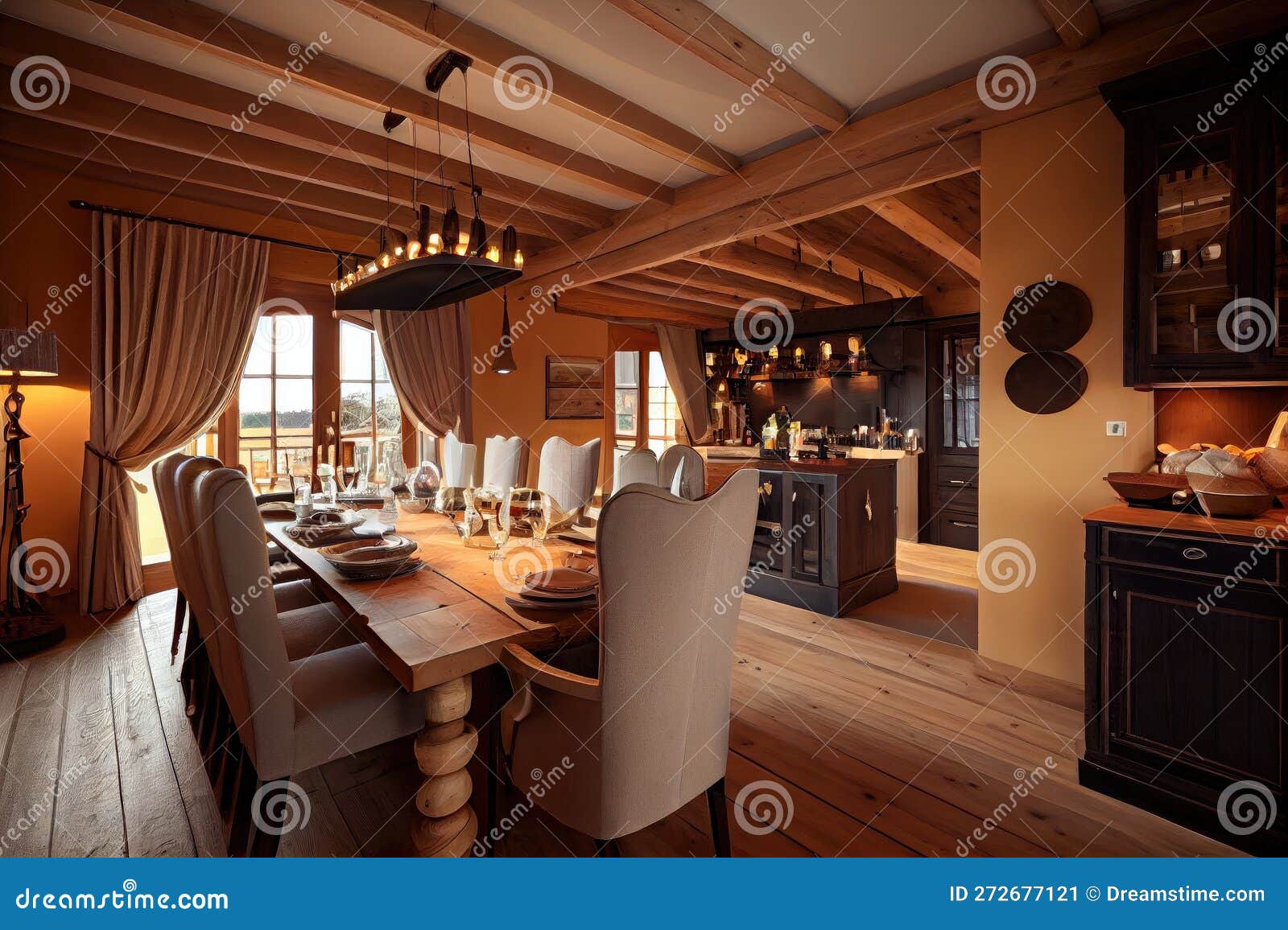 Spacious Dining Room with Bar and Big Dining Table on Chalet Stock