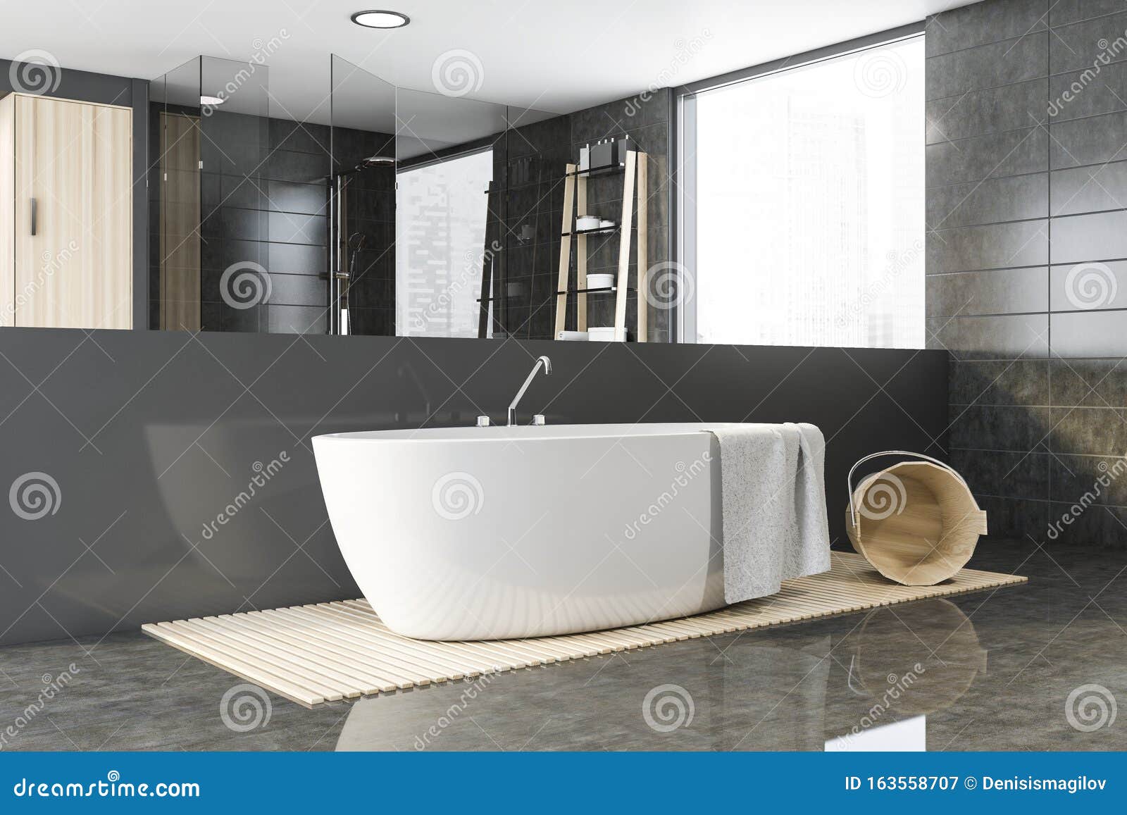 Spacious Gray Tile Bathroom Corner with Bathtub Stock Illustration ...