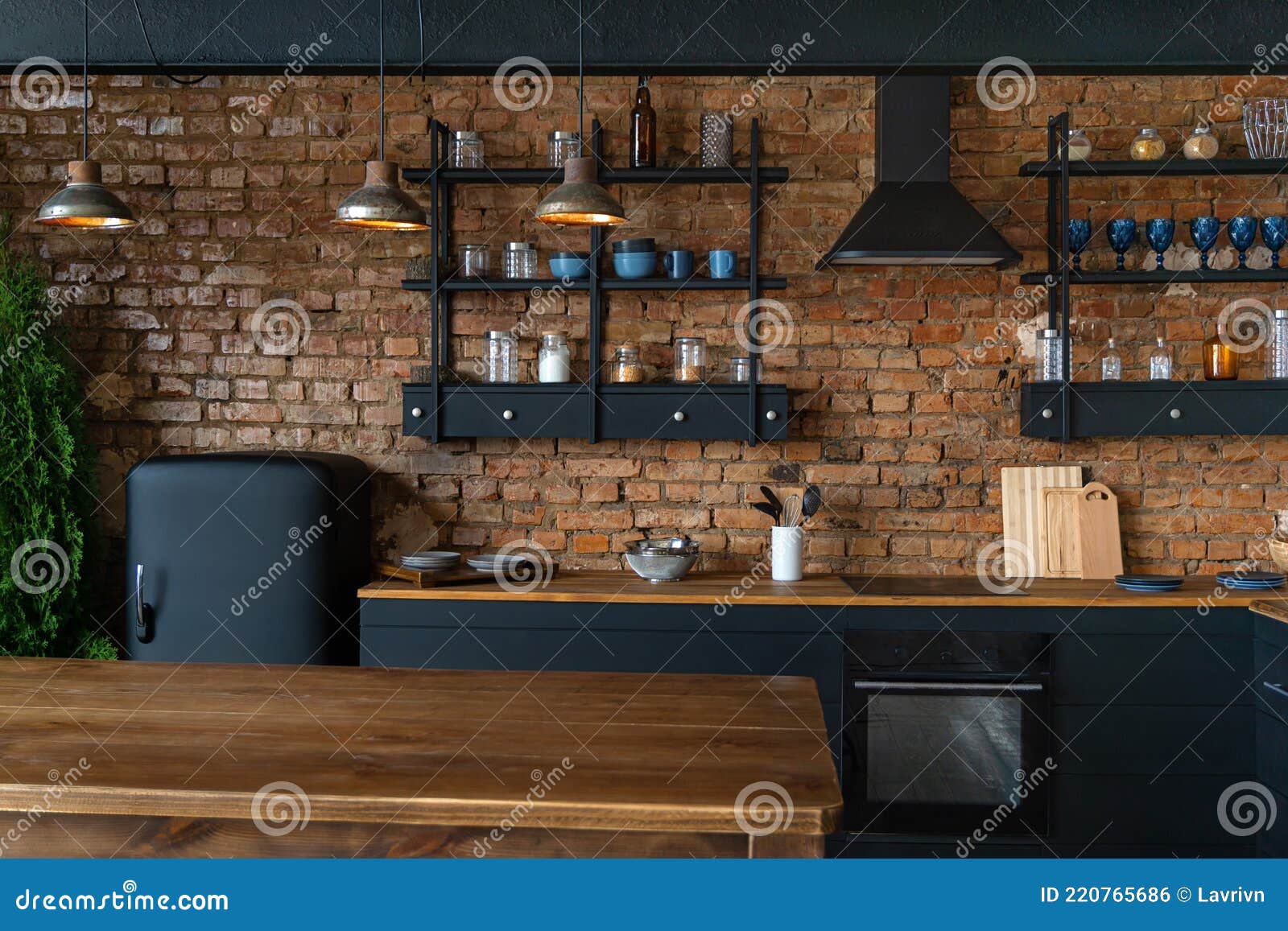 Spacious Industrial Loft Kitchen and Living Room with Vintage ...