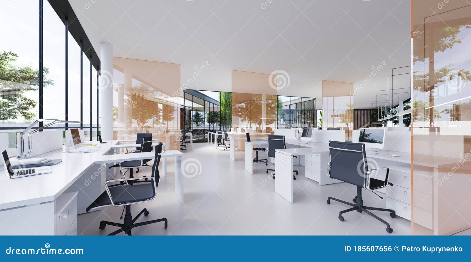 spacious light and lighted office with work desks and glass partitions between