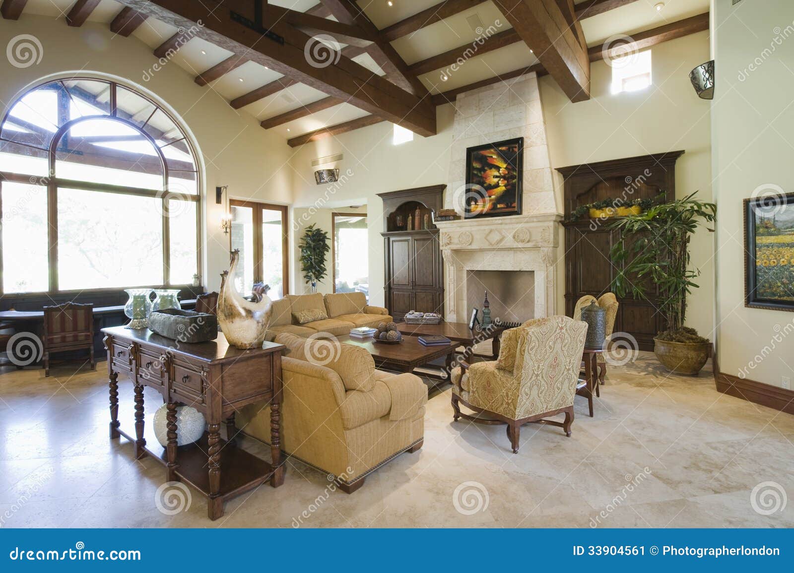Spacious Living Room With Beamed Ceiling Stock Image Image Of