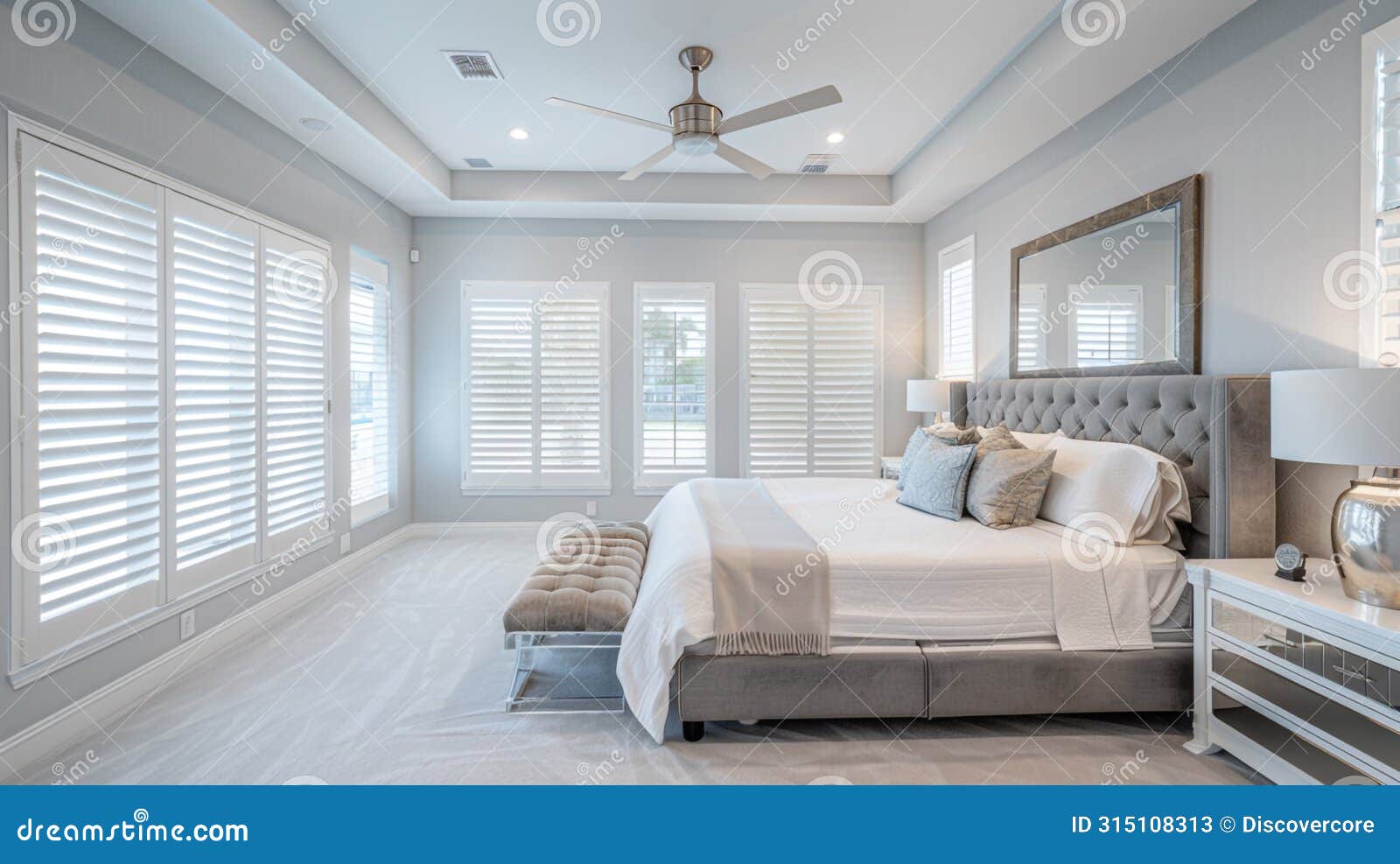 spacious master bedroom with elegant grey upholstered bed and natural light