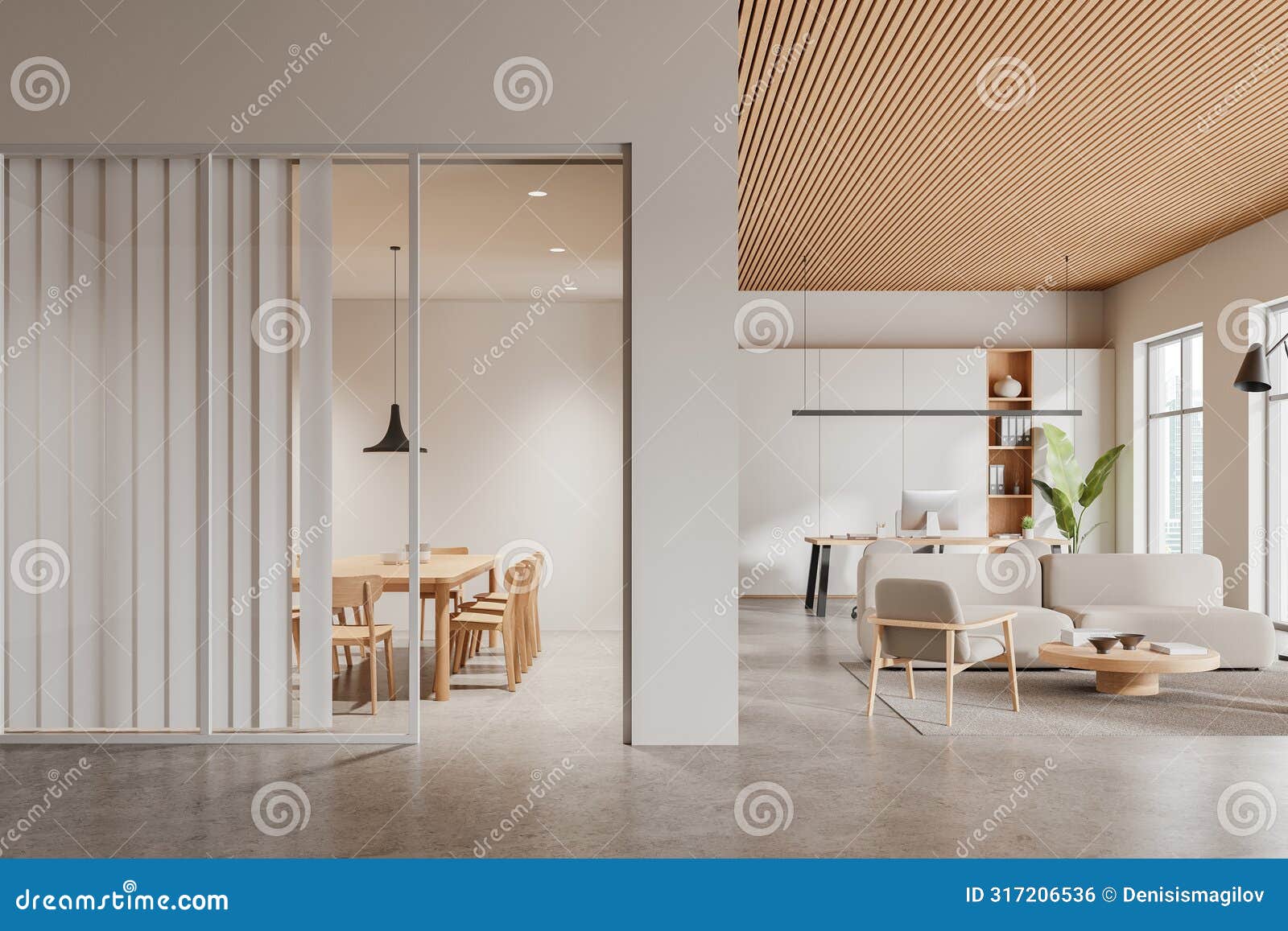 a spacious modern office interior with wooden furniture, clear glass partitions, and a light color scheme, concept of a