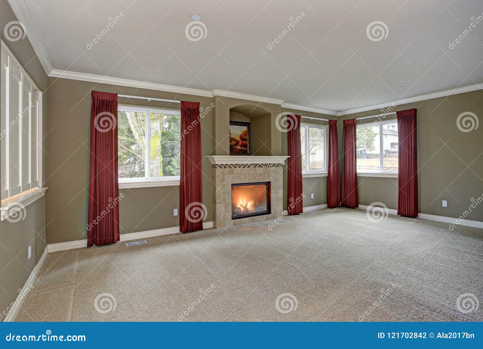 Spacious Red And Gray Living Room With High Ceiling Stock