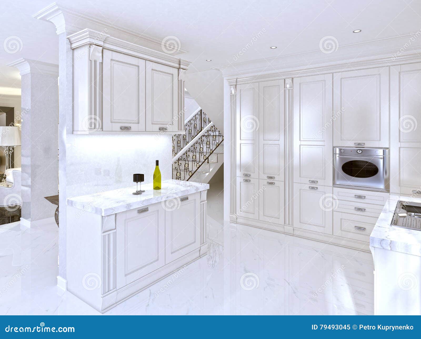 Spacious White Kitchen In The Art Deco Style Stock Illustration