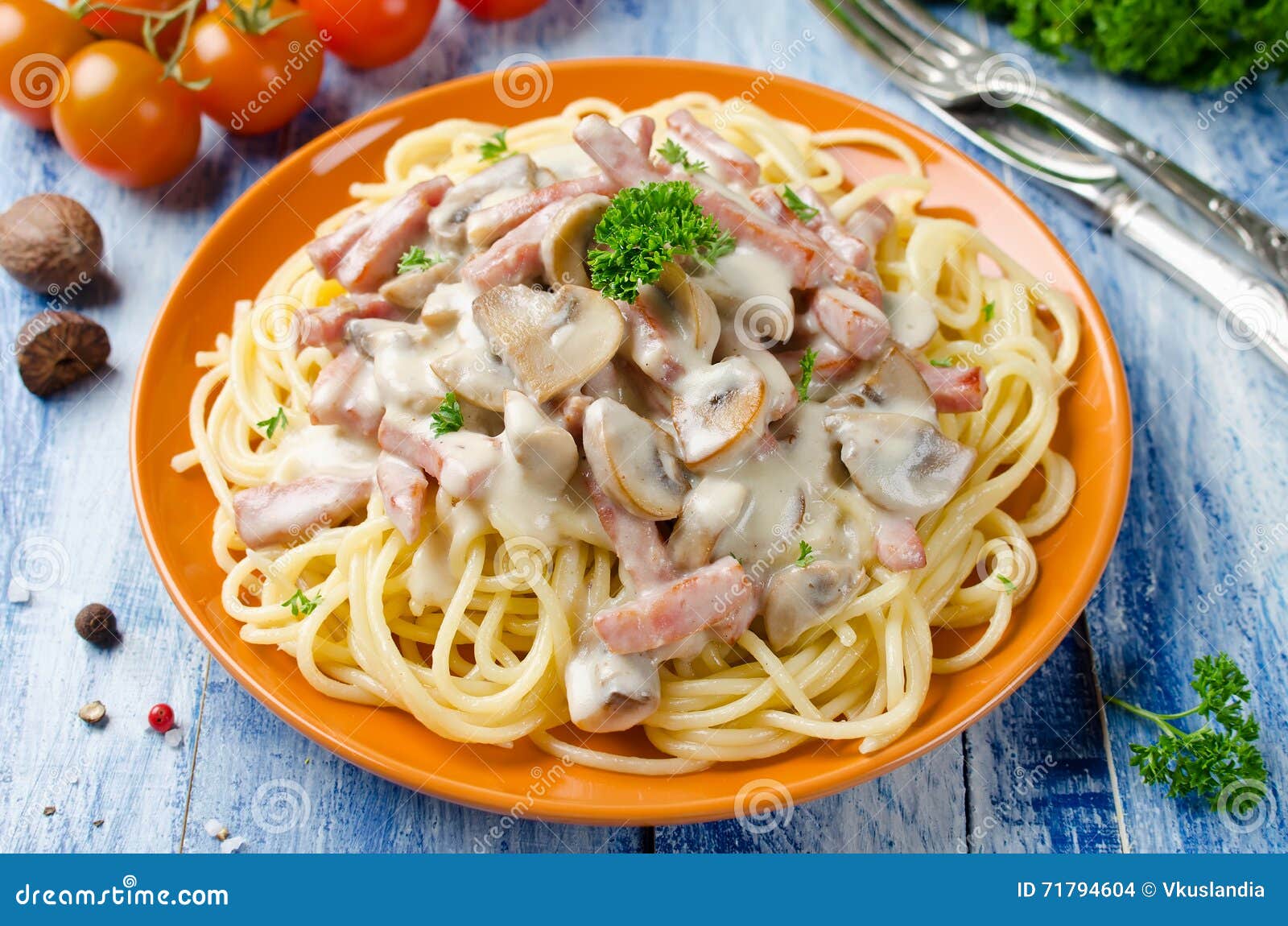 Spaghetti with Bechamel Sauce, Mushrooms and Bacon Stock Photo Image