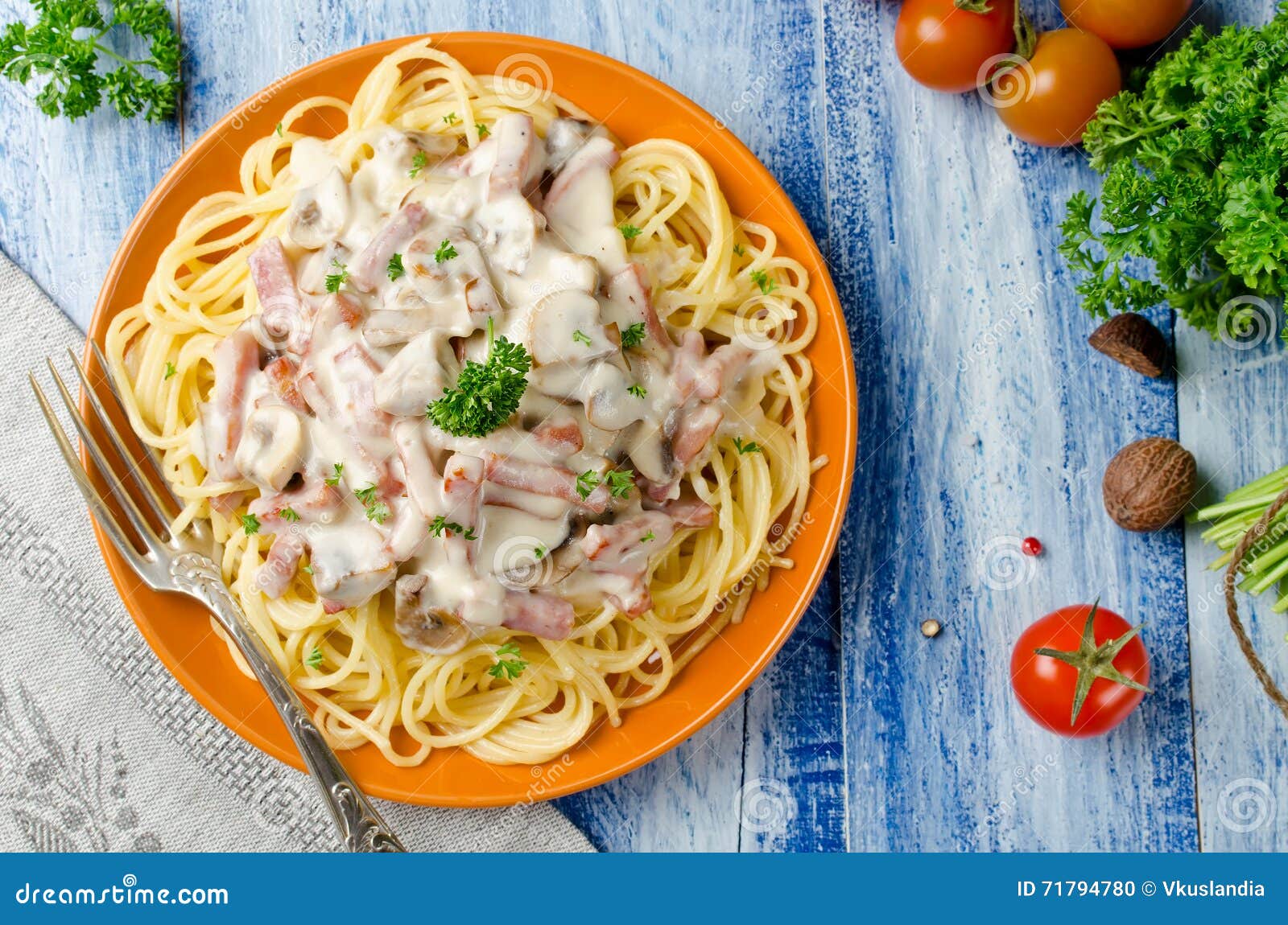 Spaghetti with Bechamel Sauce, Mushrooms and Bacon Stock Photo Image
