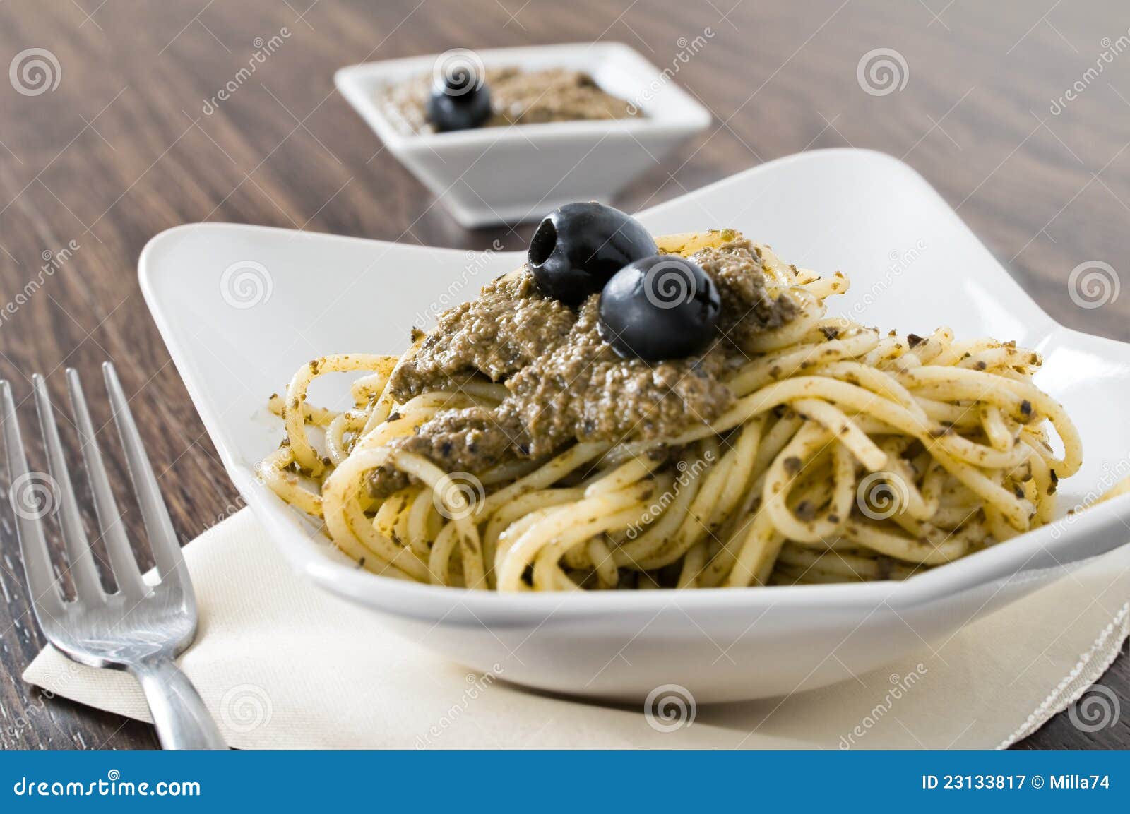 Spaghetti with Black Olive Pesto. Stock Image Image of culinary