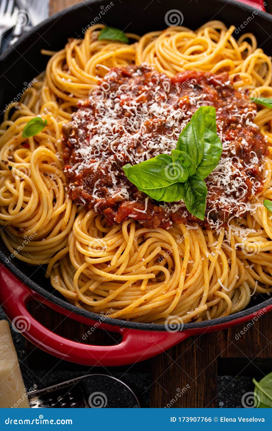 Spaghetti Bolognese in a Cast Iron Pan Stock Photo Image of closeup