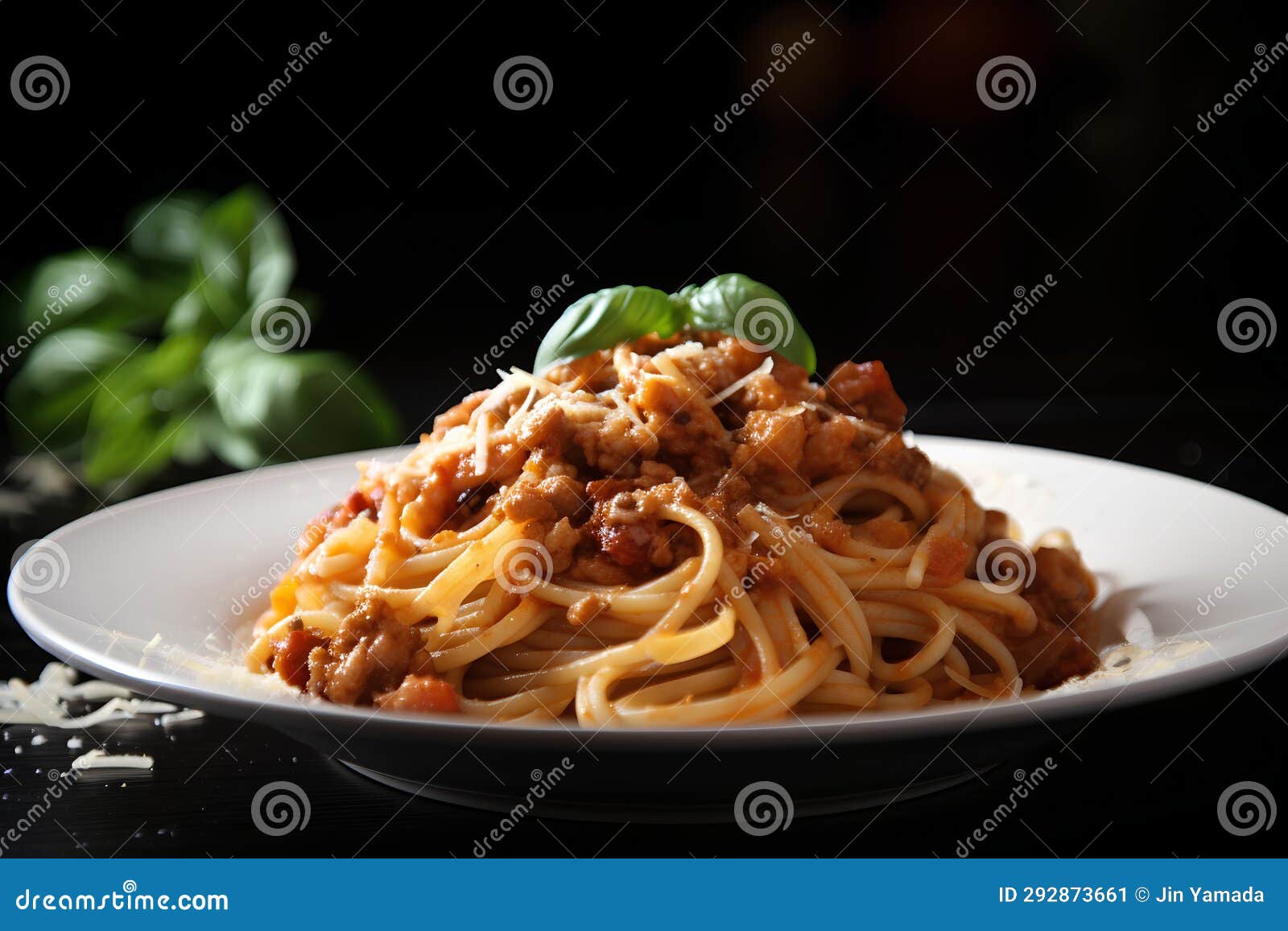 Spaghetti Bolognese with Parmesan Cheese on a Black Background Stock