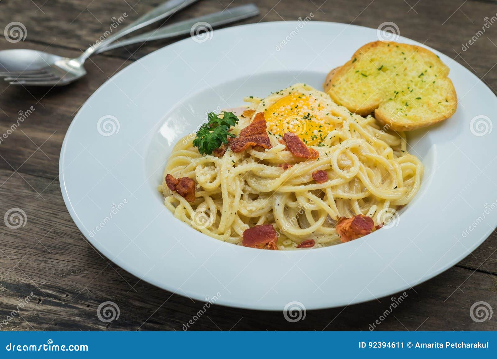 Spaghetti Carbonara with Egg Yolk on Plate Stock Image Image of