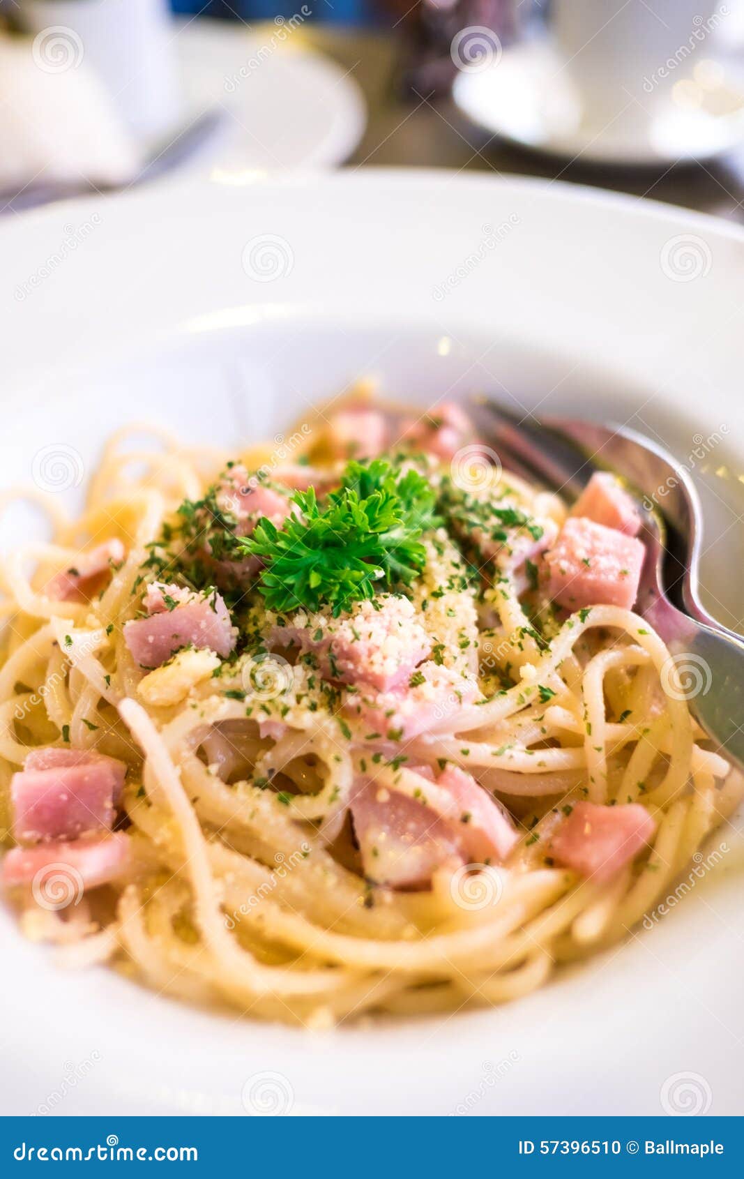 Spaghetti Carbonara (with Ham) on White Plate Stock Photo Image of