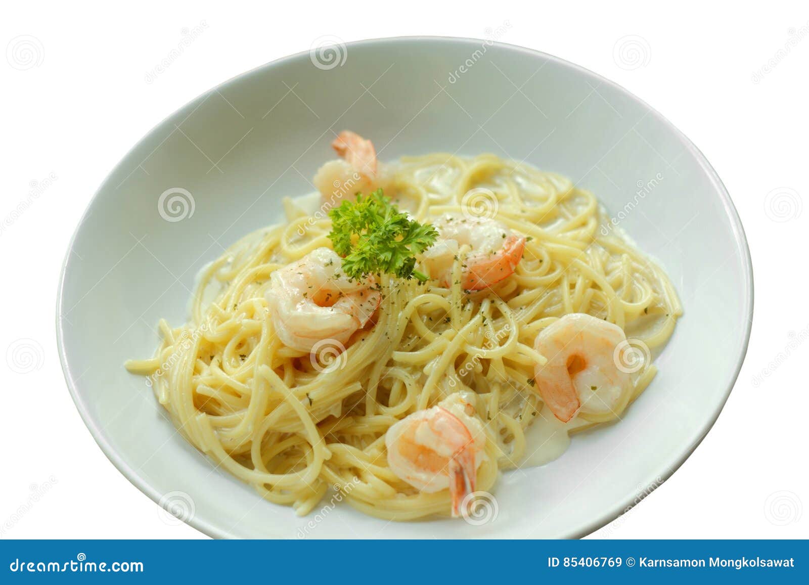 Spaghetti Carbonara or White Cream Sauce Pasta with Shrimp Stock Image