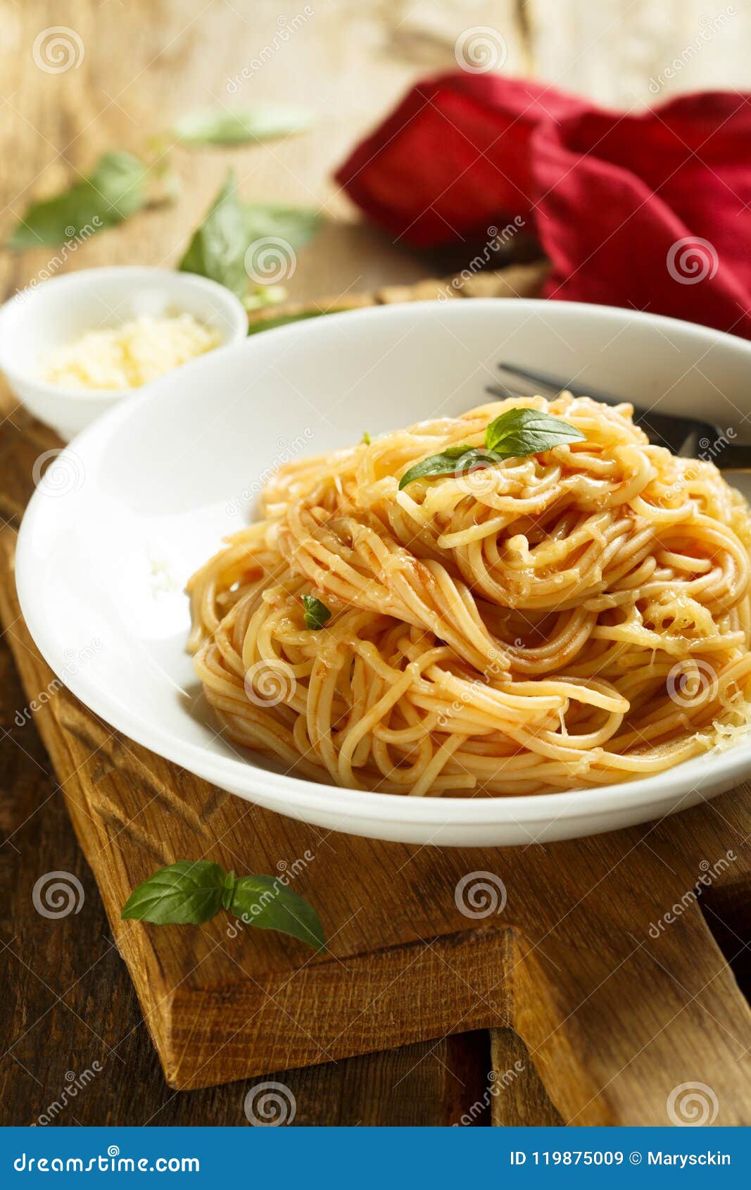 Spaghetti with Cheese and Fresh Basil Stock Image Image of