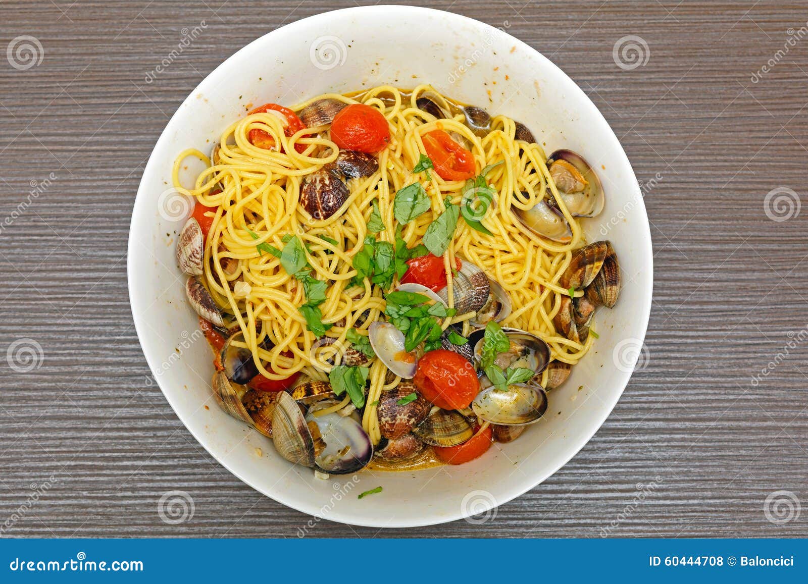 Spaghetti with Clams stock photo. Image of cherry, basil 60444708