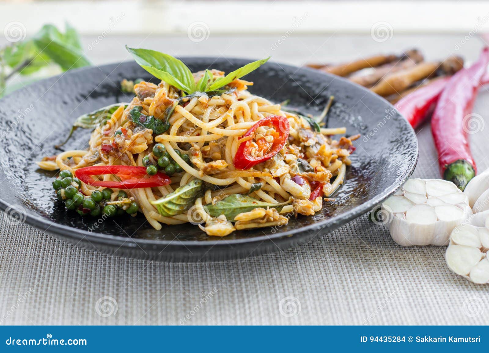Spaghetti with Clams, Fried with Chili Paste Stock Photo Image of