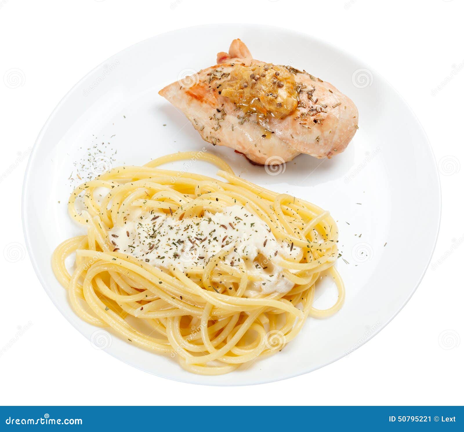 Spaghetti with Cream Sauce with Grilled Chicken Breast. Stock Image