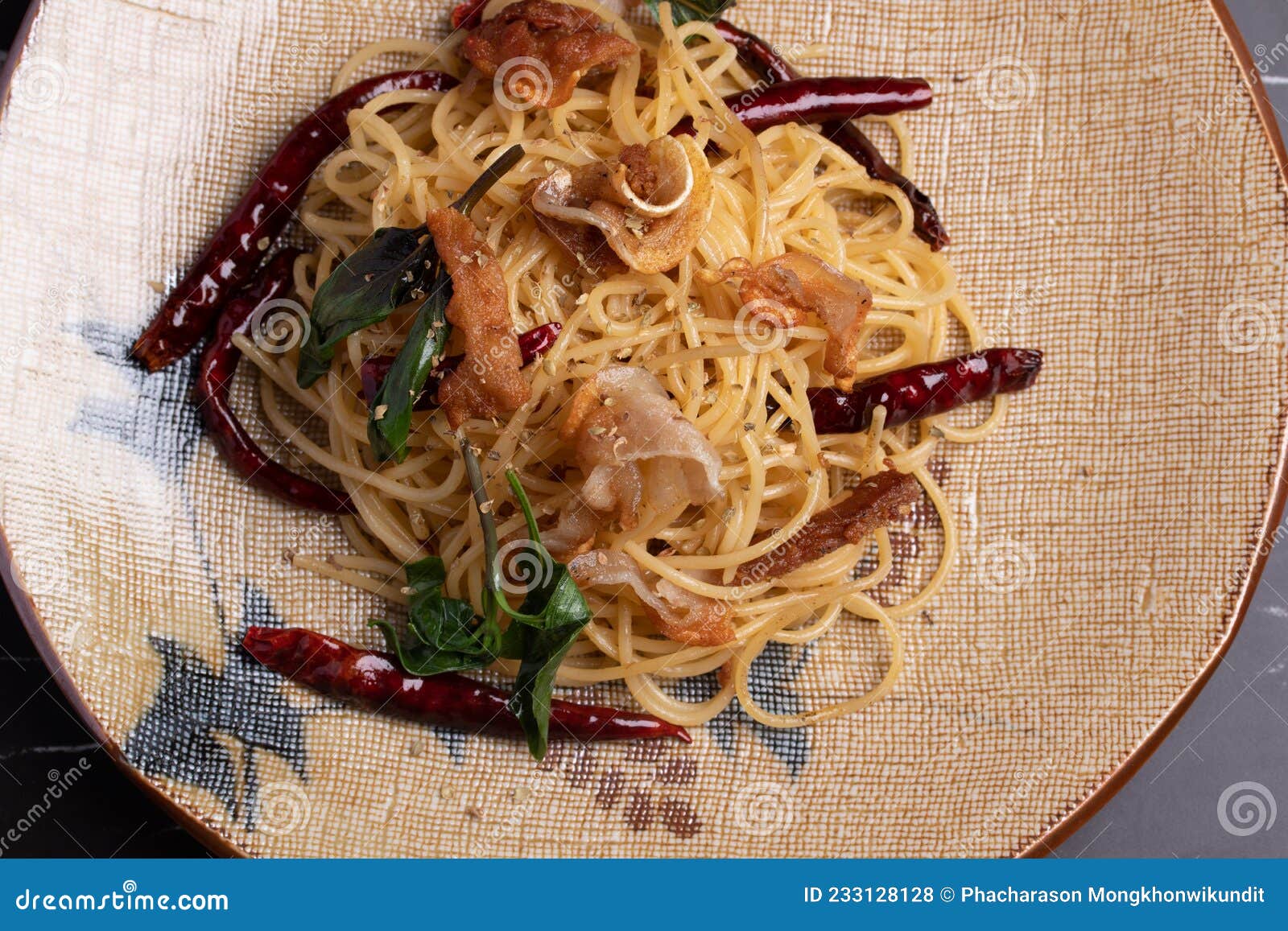 Spaghetti with Dried Chili and Fried Bacon Stock Photo Image of fresh