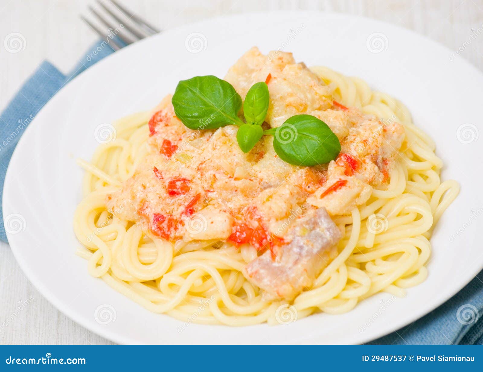 Spaghetti with Fish, Vegetables and Cream Sauce Stock Image Image of