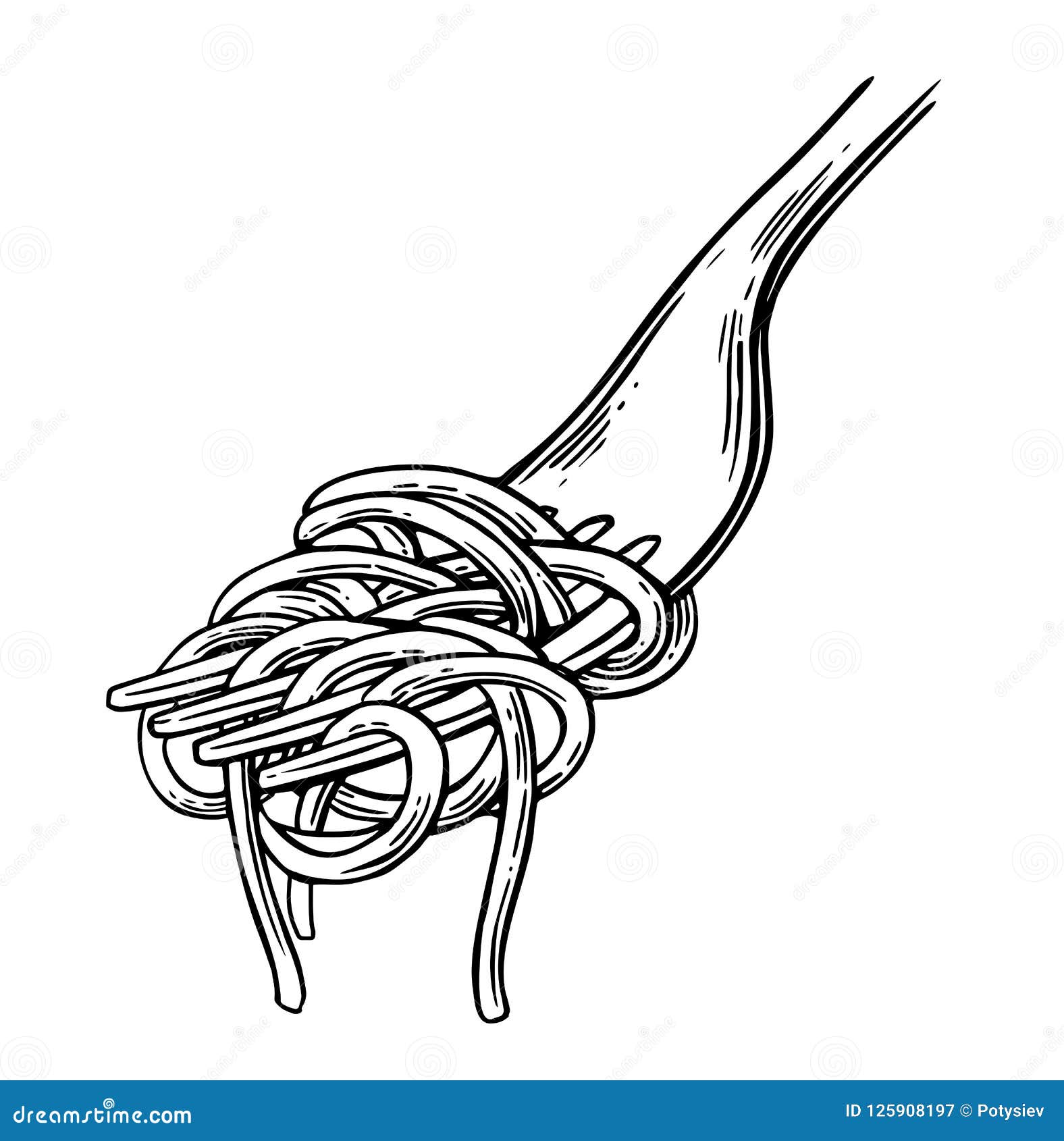 Spaghetti on Fork. Vector Vintage Black Illustration Isolated on White  Background Stock Vector - Illustration of kitchen, drawing: 125908197