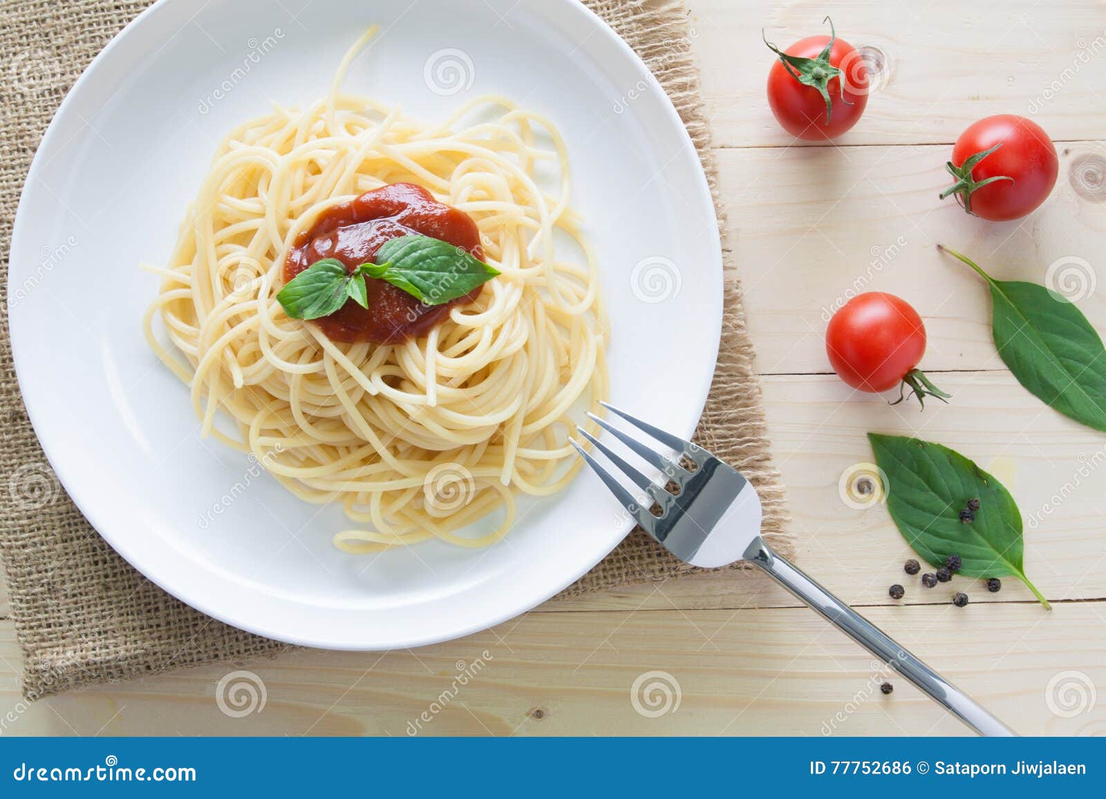 Spaghetti with Fresh Tomatoes Basil Italian Herbs Stock Photo Image