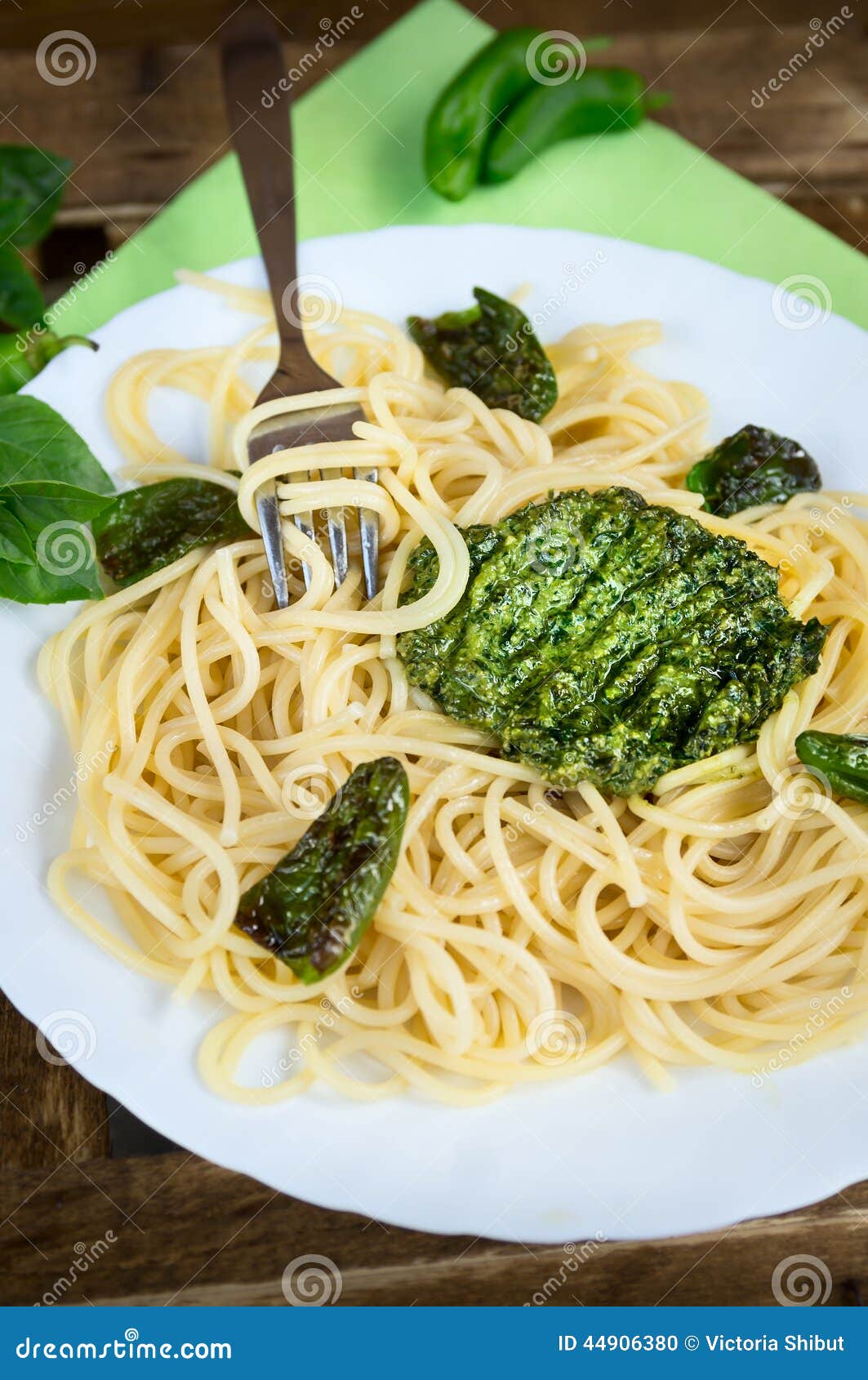 Spaghetti with Green Pesto and Pepperoni Stock Photo Image of leaf, closeup 44906380