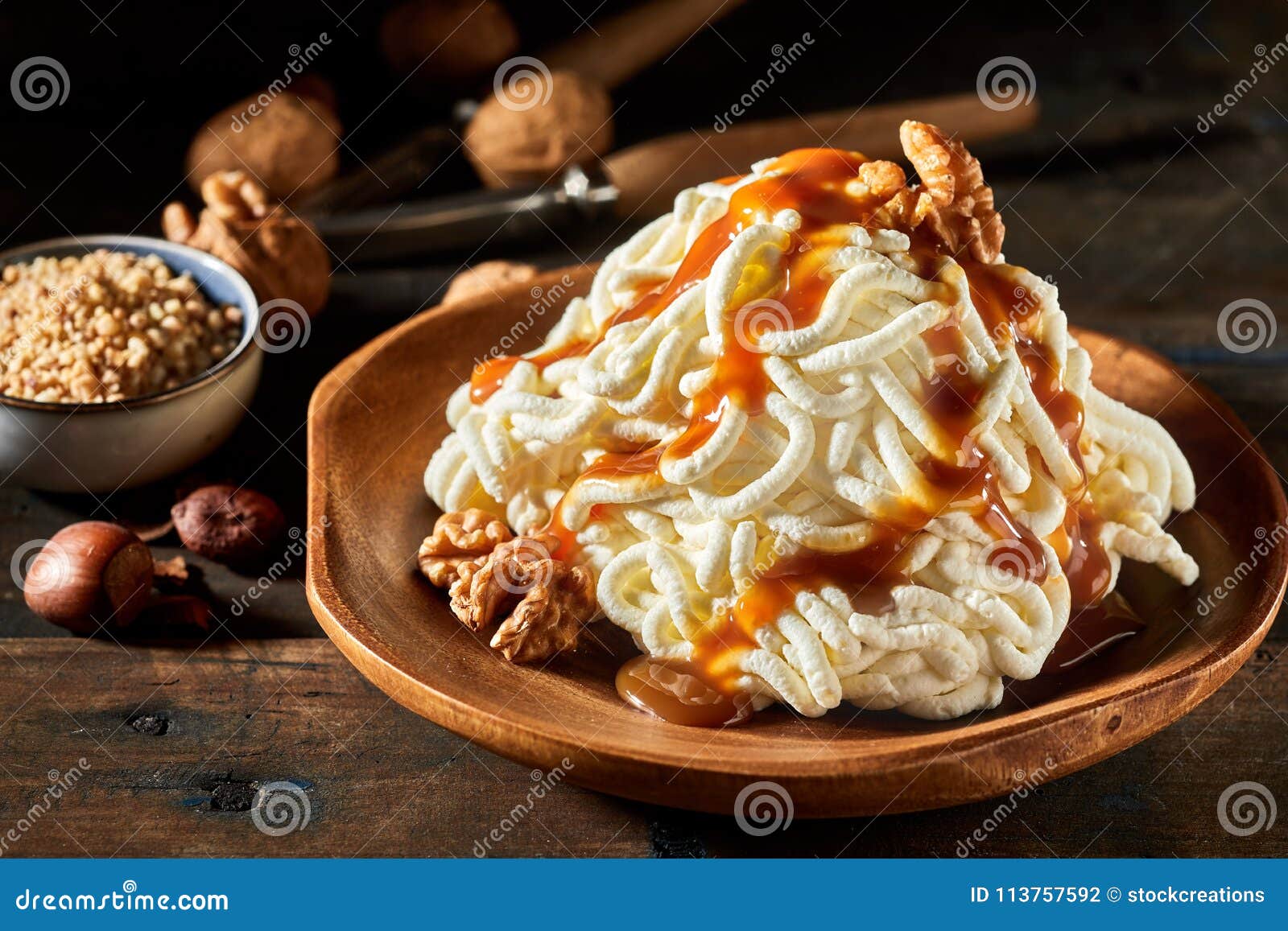 Spaghetti Ice Cream Dessert with Walnut Sauce Stock Photo Image of