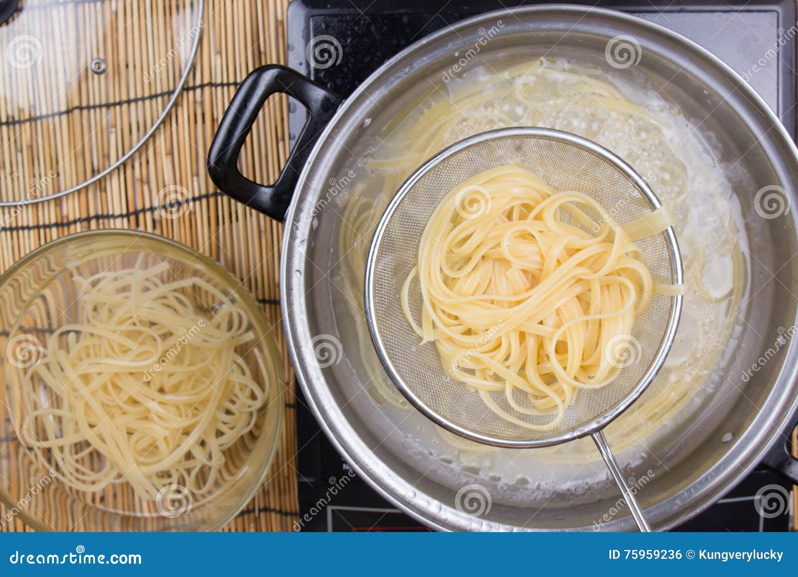Spaghetti Lifted on of Cold Water with Colander Stock Photo Image of
