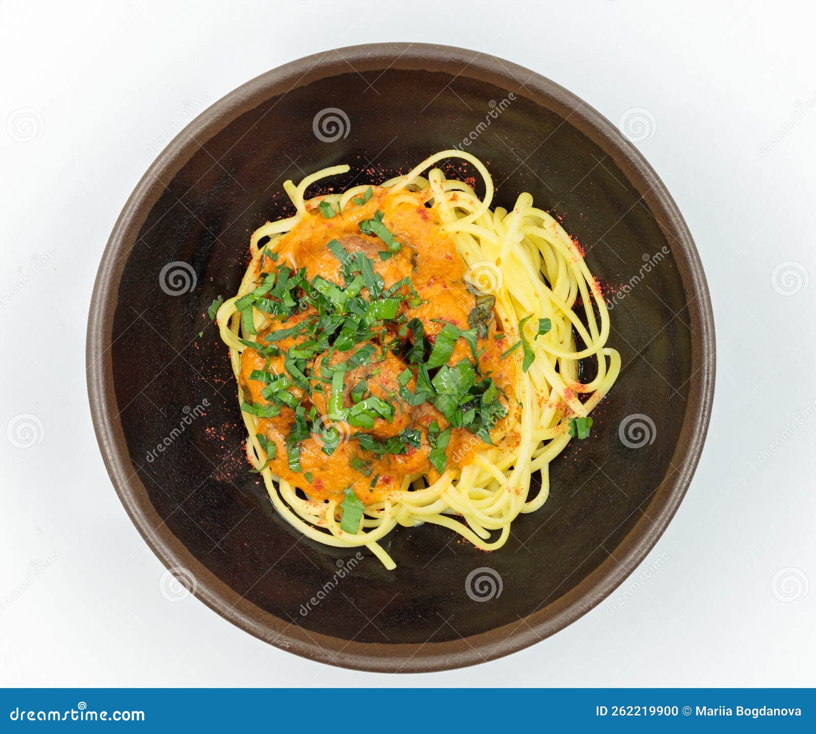 Pasta with Vegetable Sauce and Fresh Herbs. Top View on a White Background. Ready Menu Stock