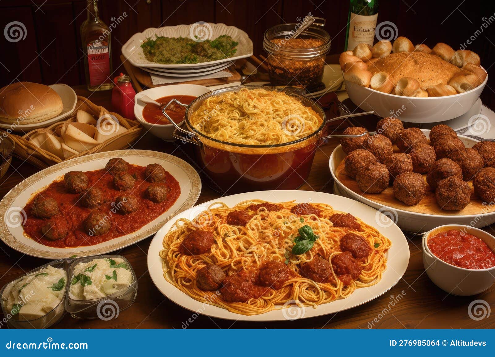 Spaghetti and Meatballs Feast, with Multiple Plates of Spaghetti and