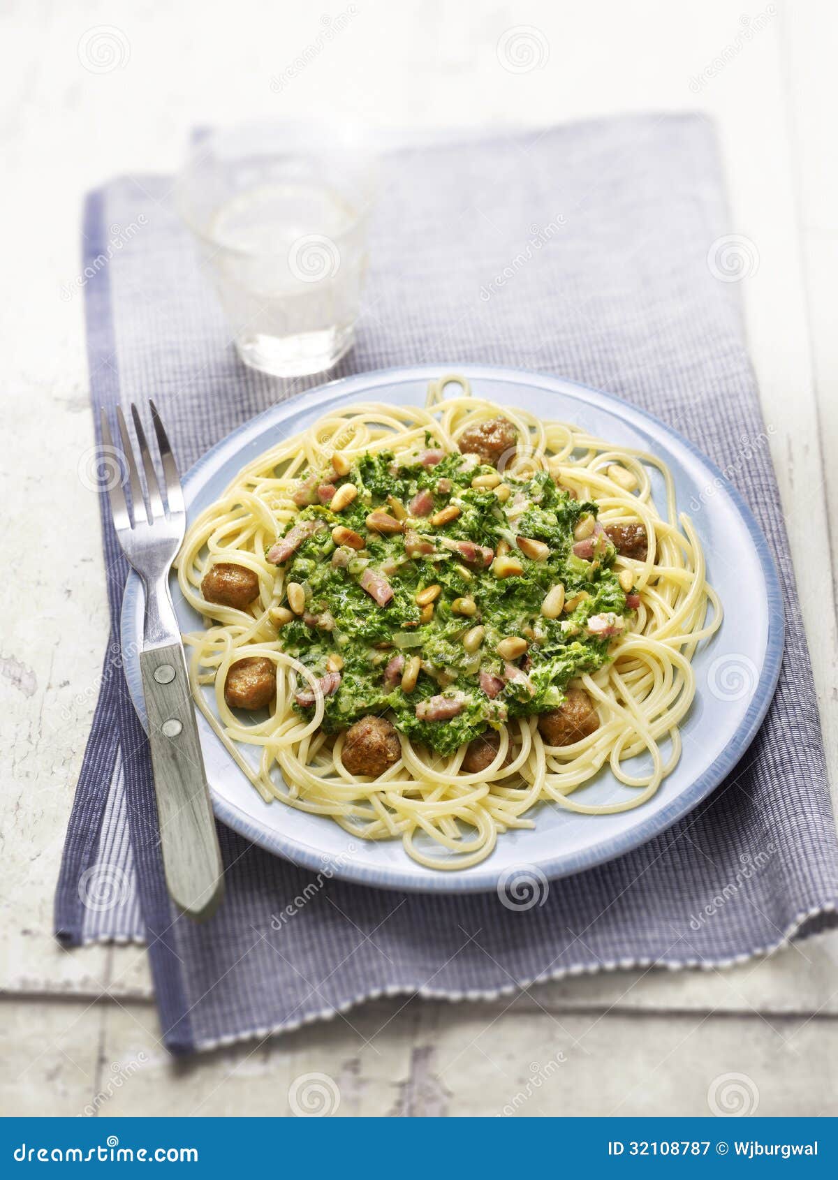 Spaghetti with Meatballs and a Sauce of Spinach Stock Image Image of