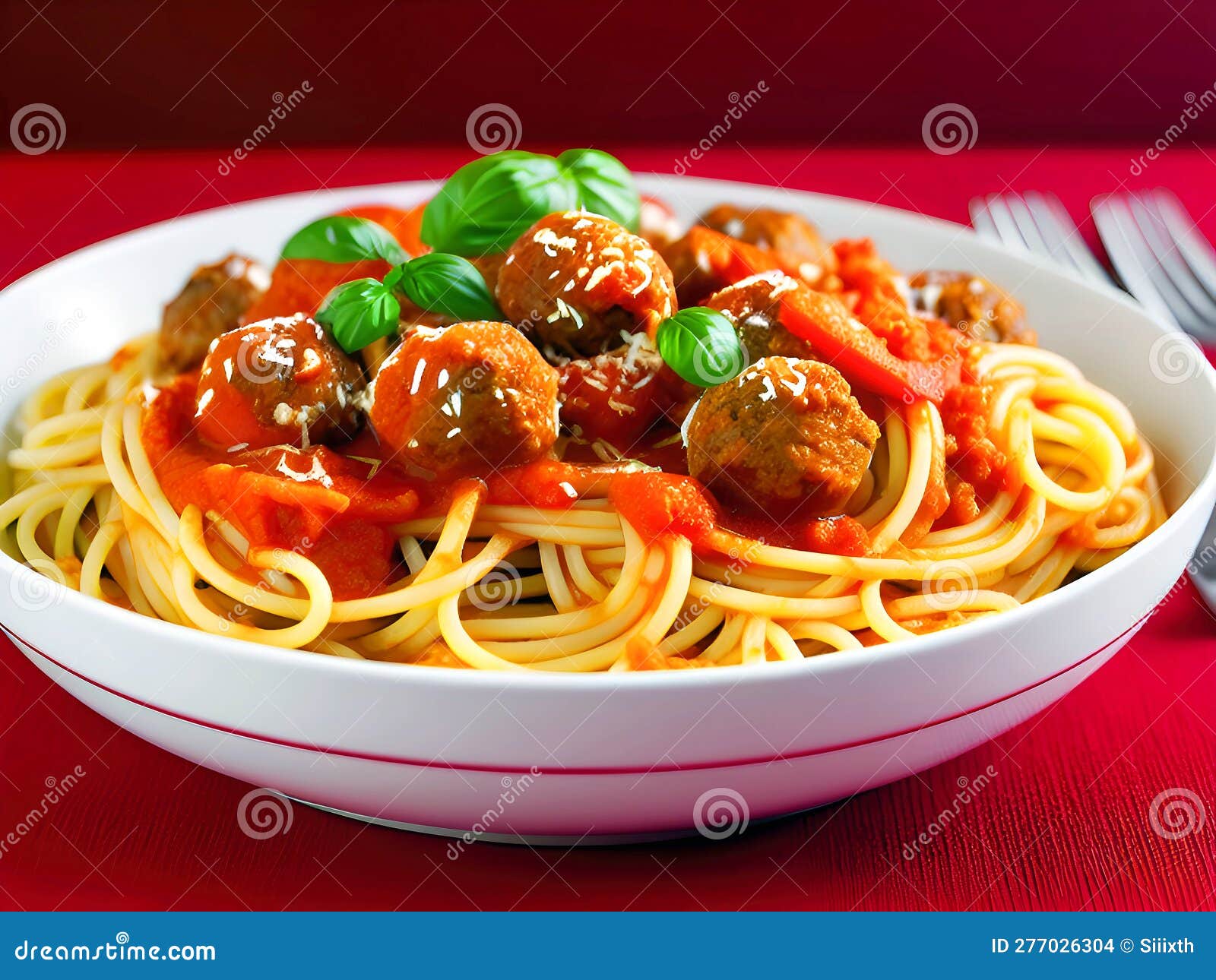 Spaghetti with Meatballs, Tomato Sauce and Basil. Generative AI Stock