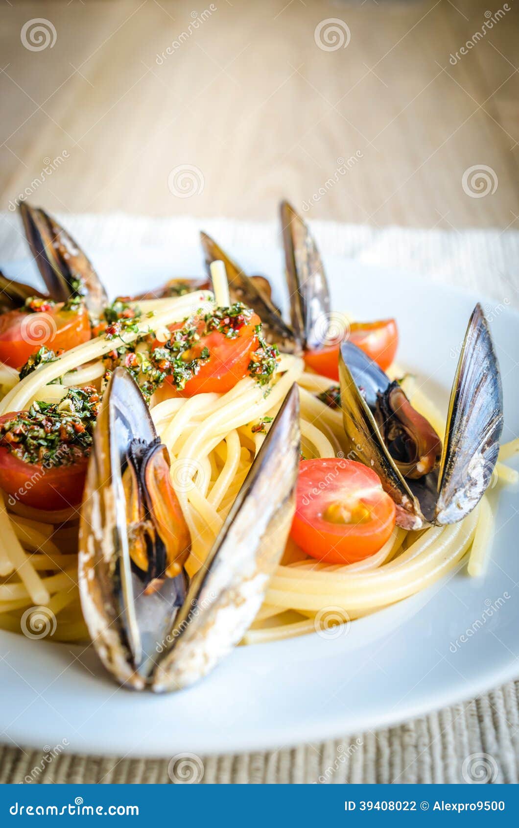Spaghetti with Mussels and Cherry Tomatoes Stock Photo Image of pasta