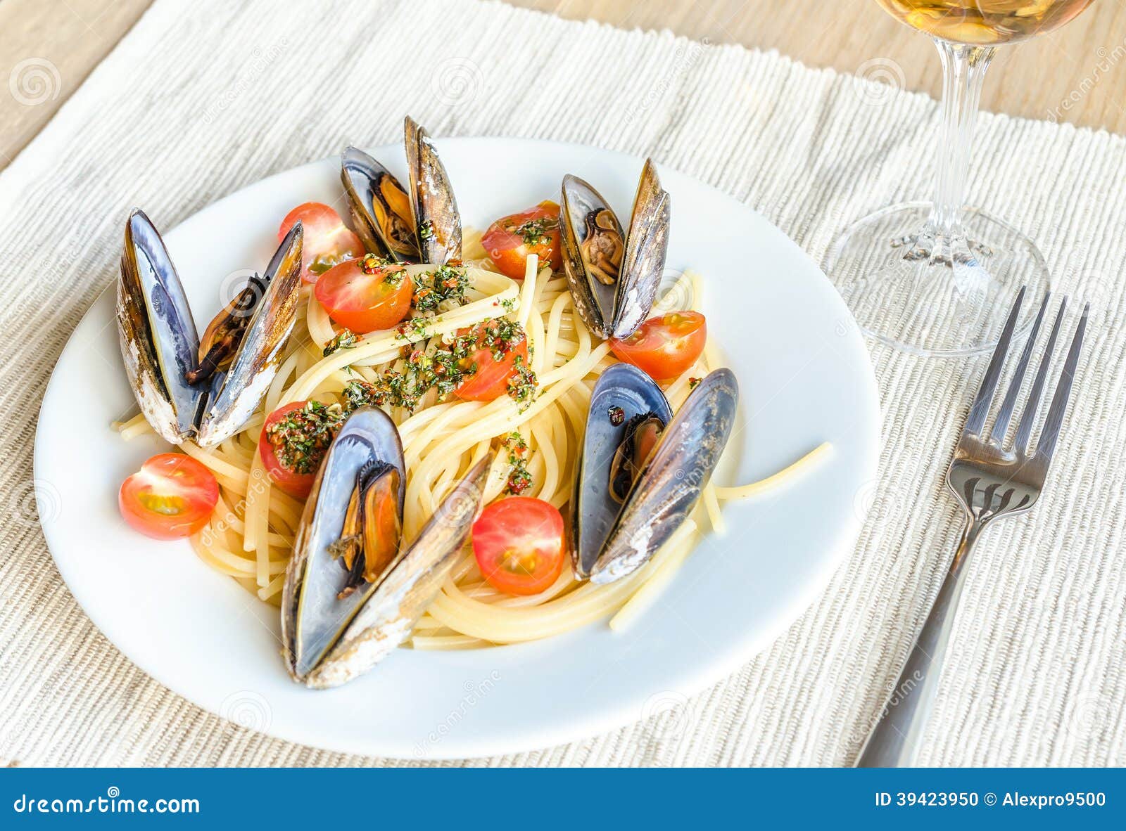 Spaghetti with Mussels and Cherry Tomatoes Stock Photo Image of pasta