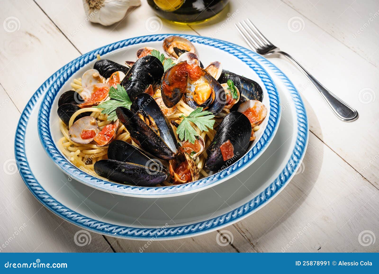 Spaghetti with Mussels and Clams Stock Image Image of wood, fresh